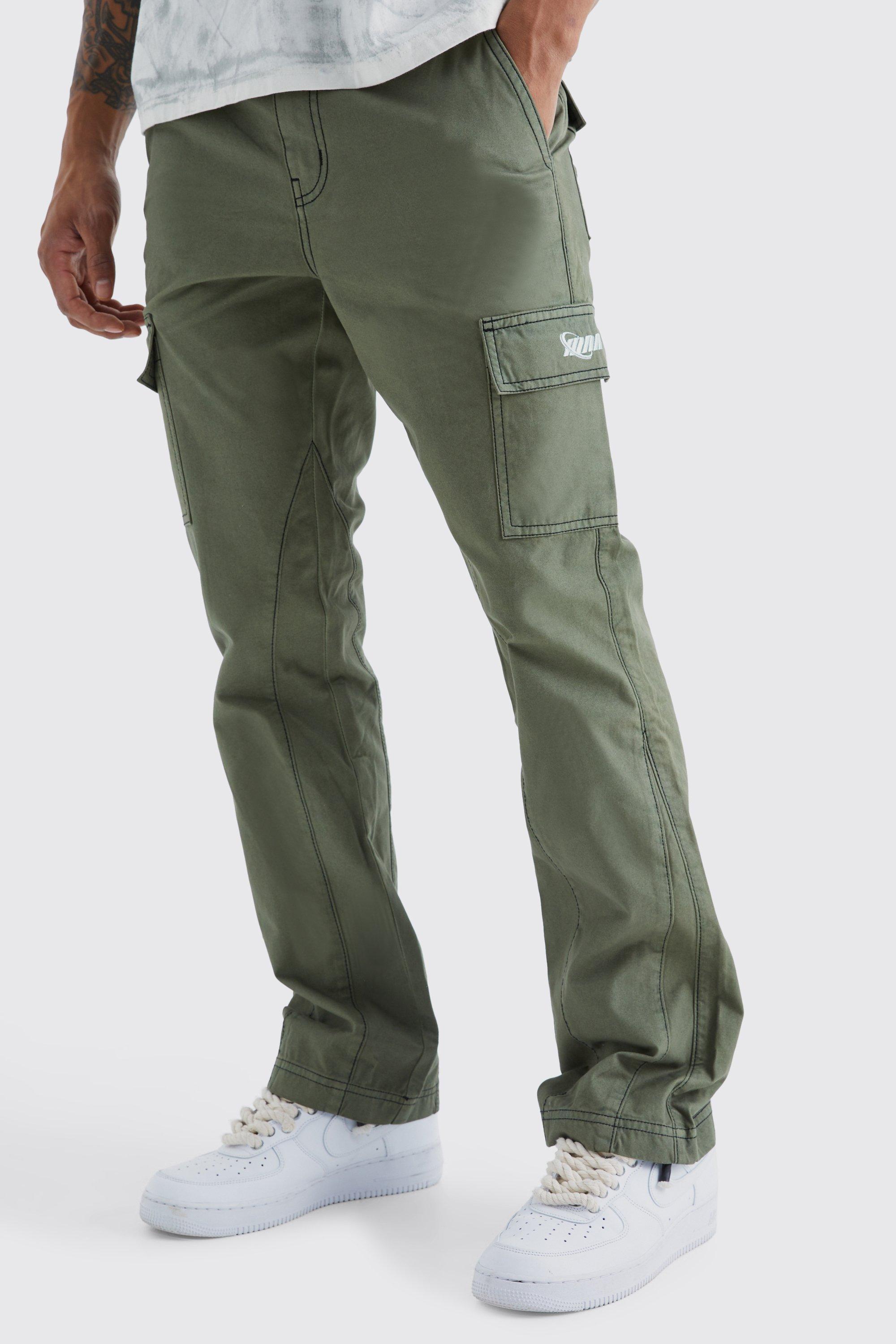 Mens Green Slim Flare Gusset Contrast Stitch Cargo Trouser, Green