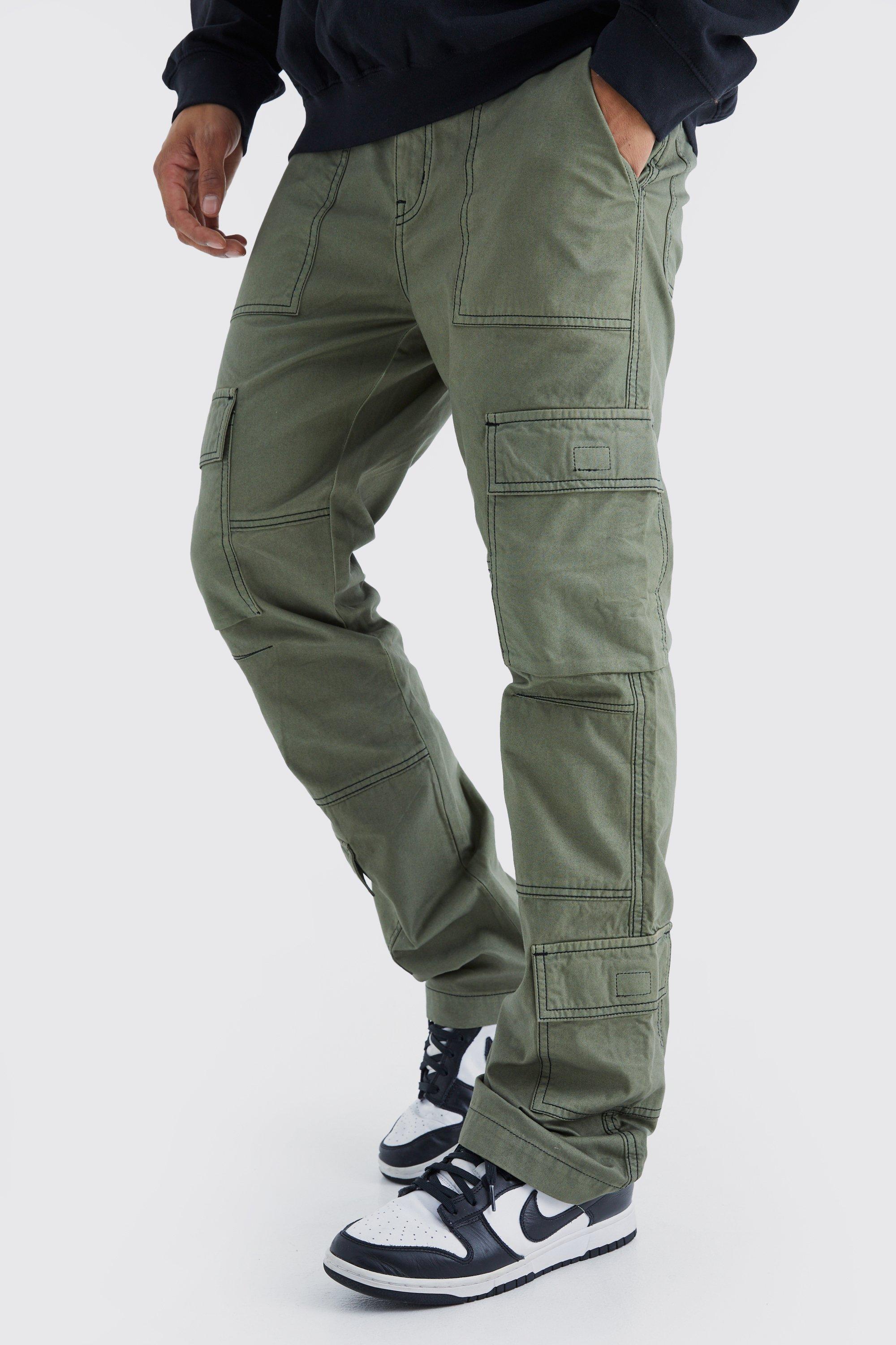 Mens Green Slim Flare Multi Cargo Contrast Stitch Trouser, Green