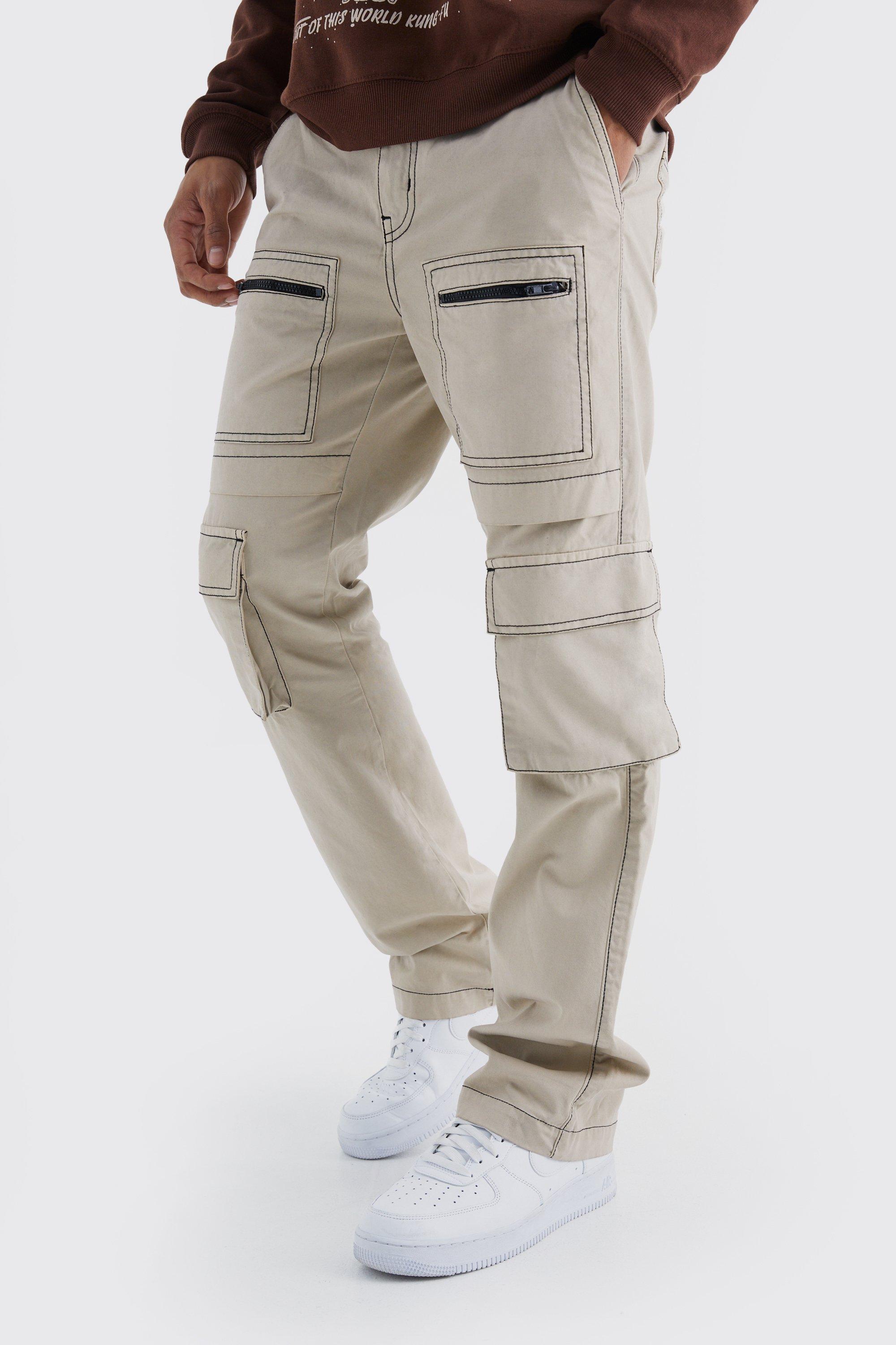 Mens Beige Slim Multi Zip Cargo Pocket Contrast Stitch Trouser, Beige