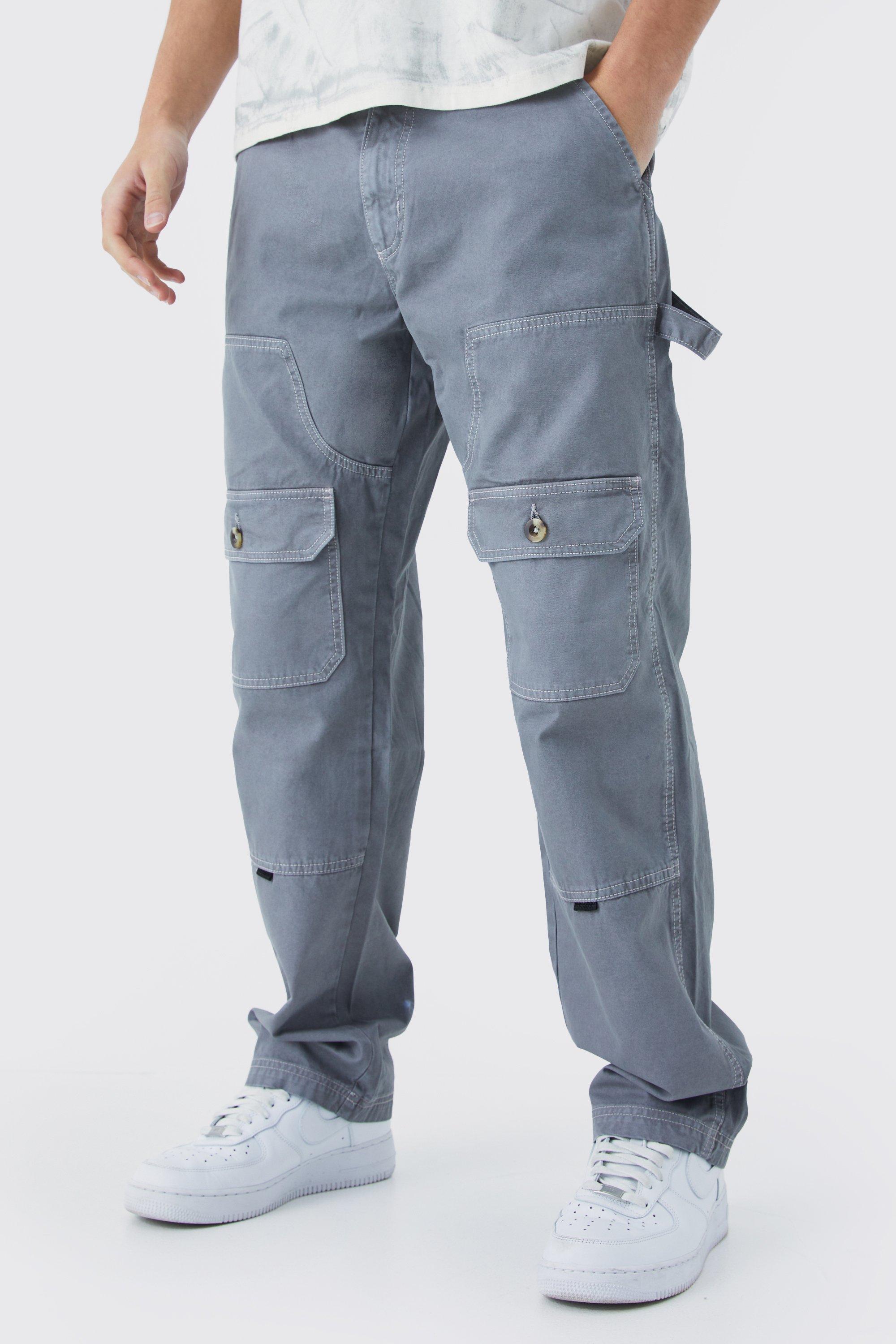 Mens Grey Relaxed Carpenter Cargo Contrast Stitch Trouser, Grey
