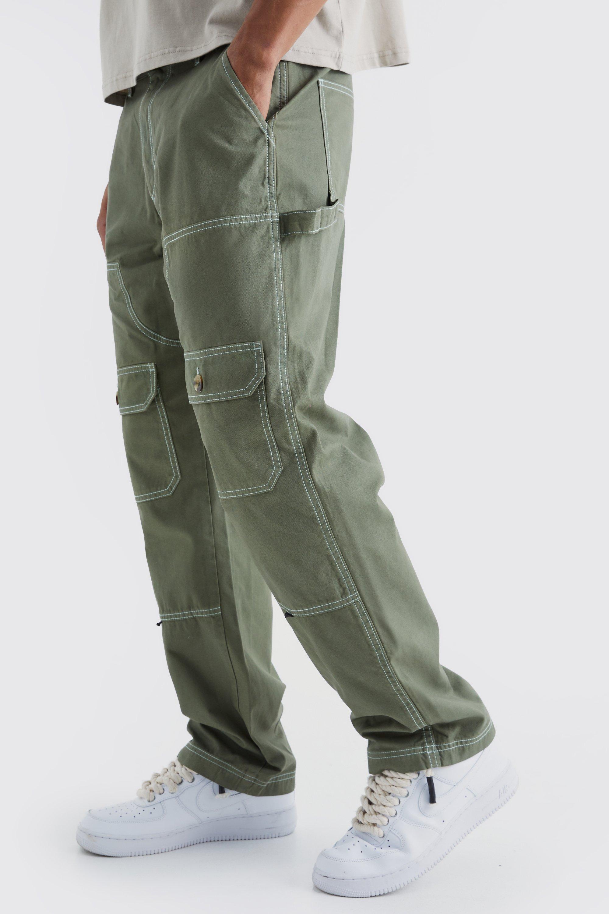 Mens Green Relaxed Carpenter Cargo Contrast Stitch Trouser, Green