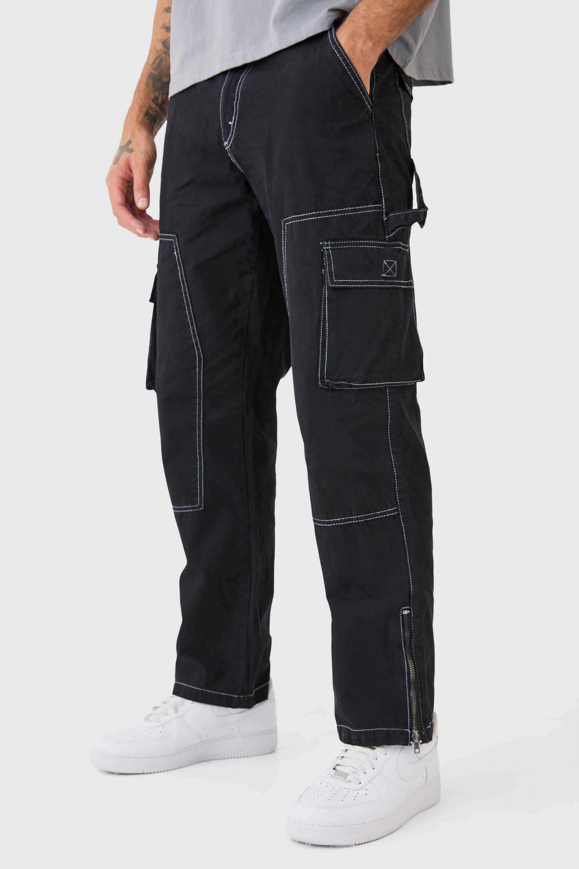 Mens Black Relaxed Carpenter Zip Hem Contrast Stitch Trouser, Black