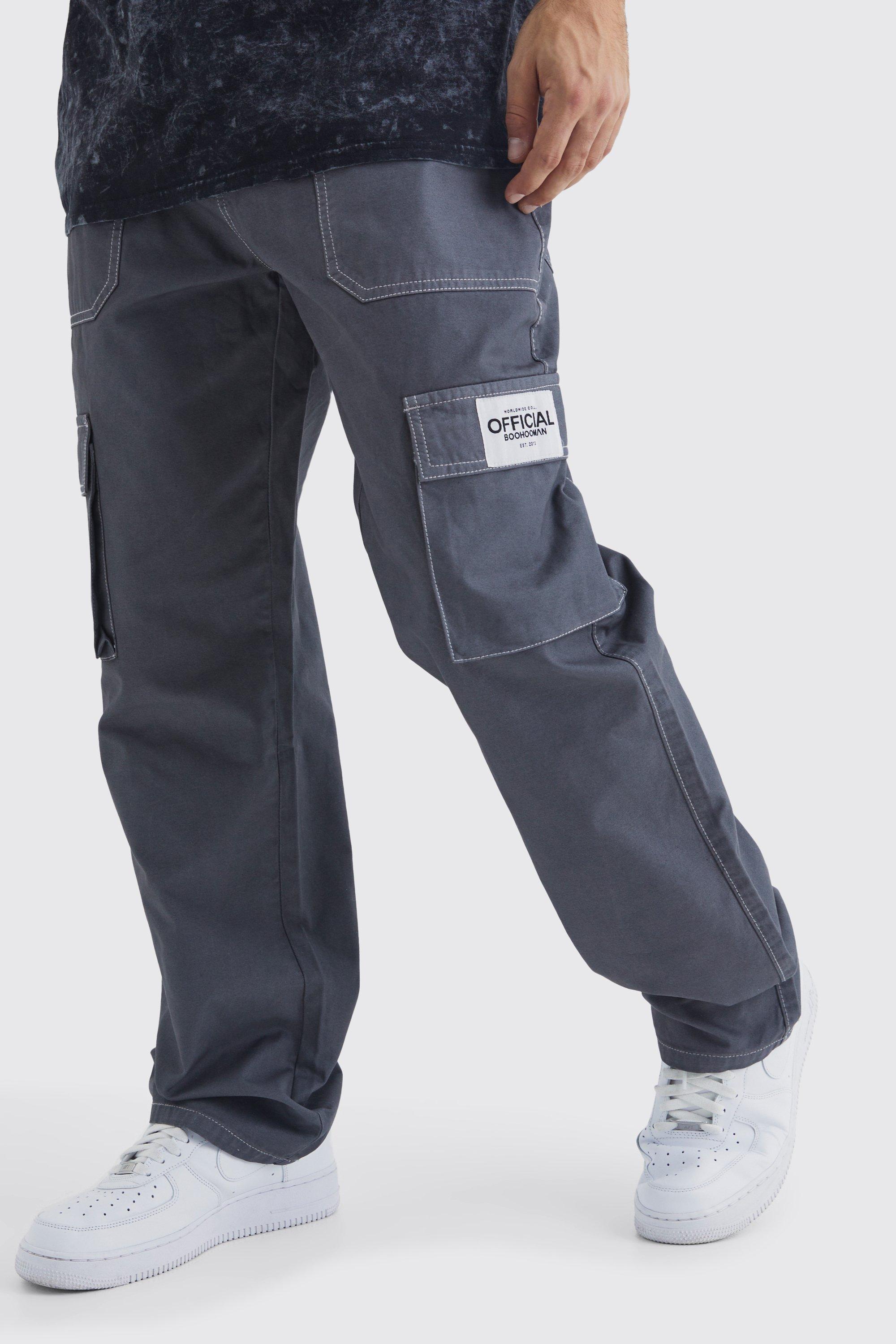 Image of Pantaloni Cargo rilassati con cuciture a contrasto ed etichetta in tessuto, Grigio