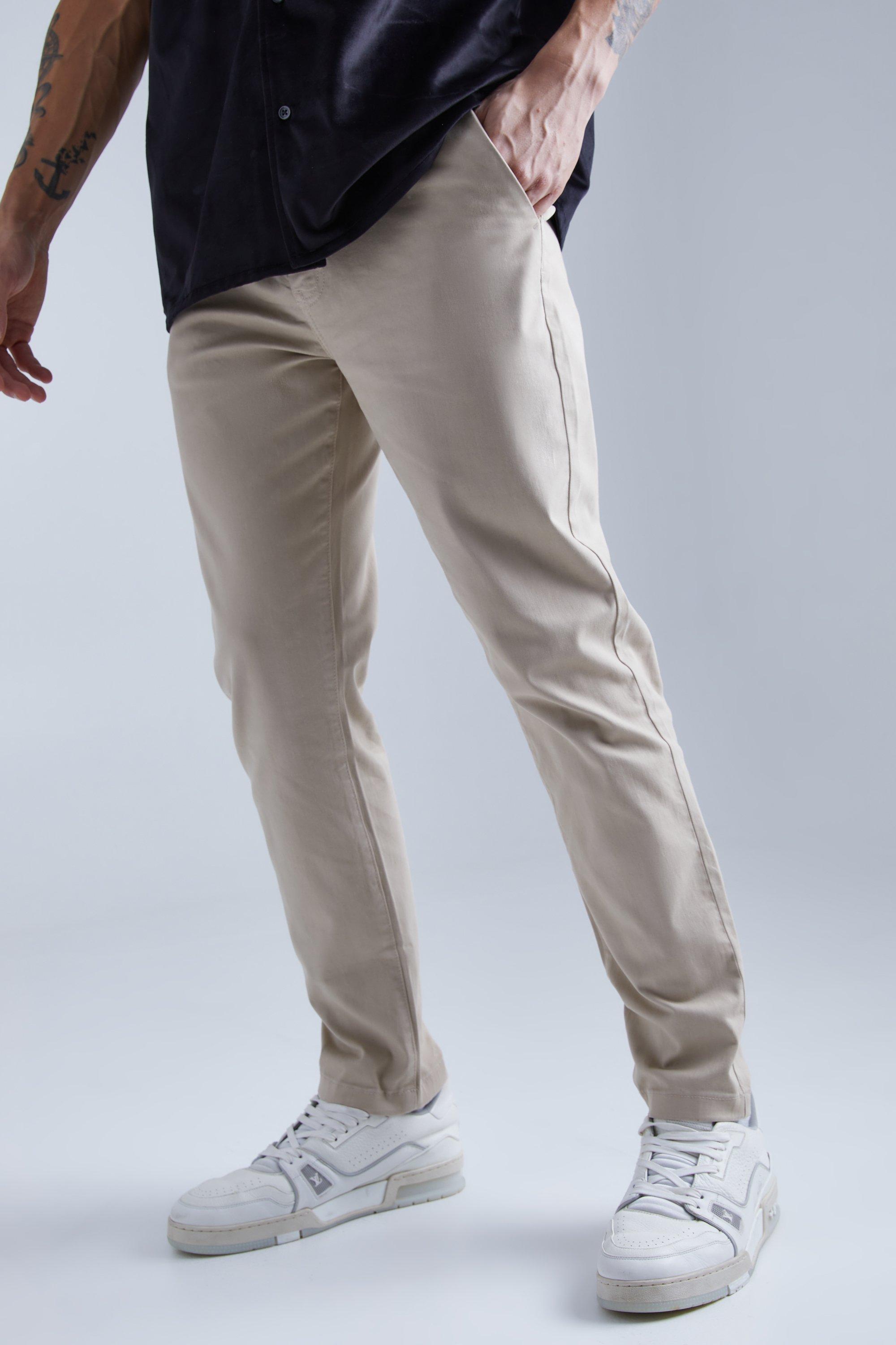 Mens Beige Slim Chino Trouser With Woven Tab, Beige