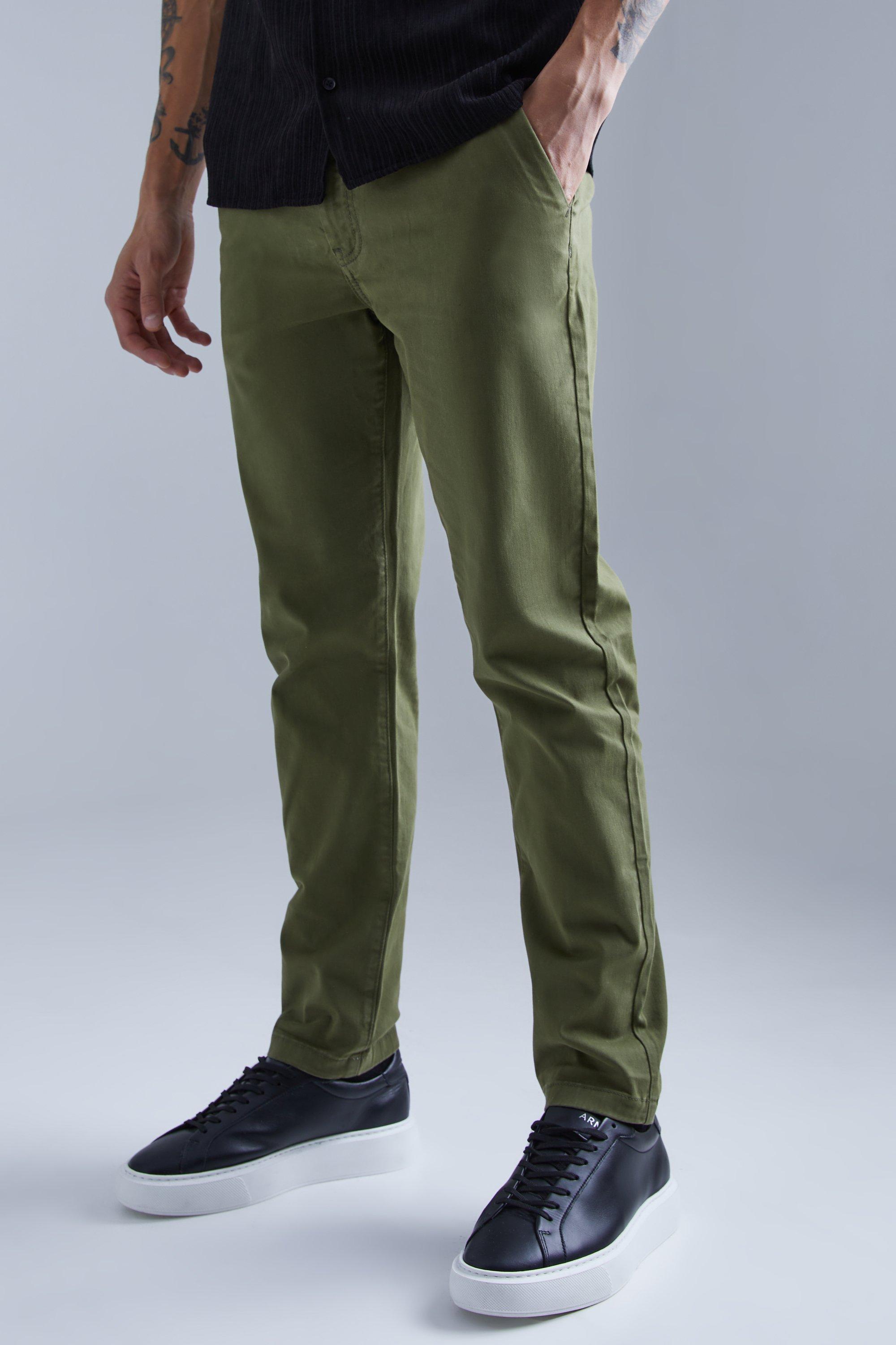 Mens Green Slim Chino Trouser With Woven Tab, Green