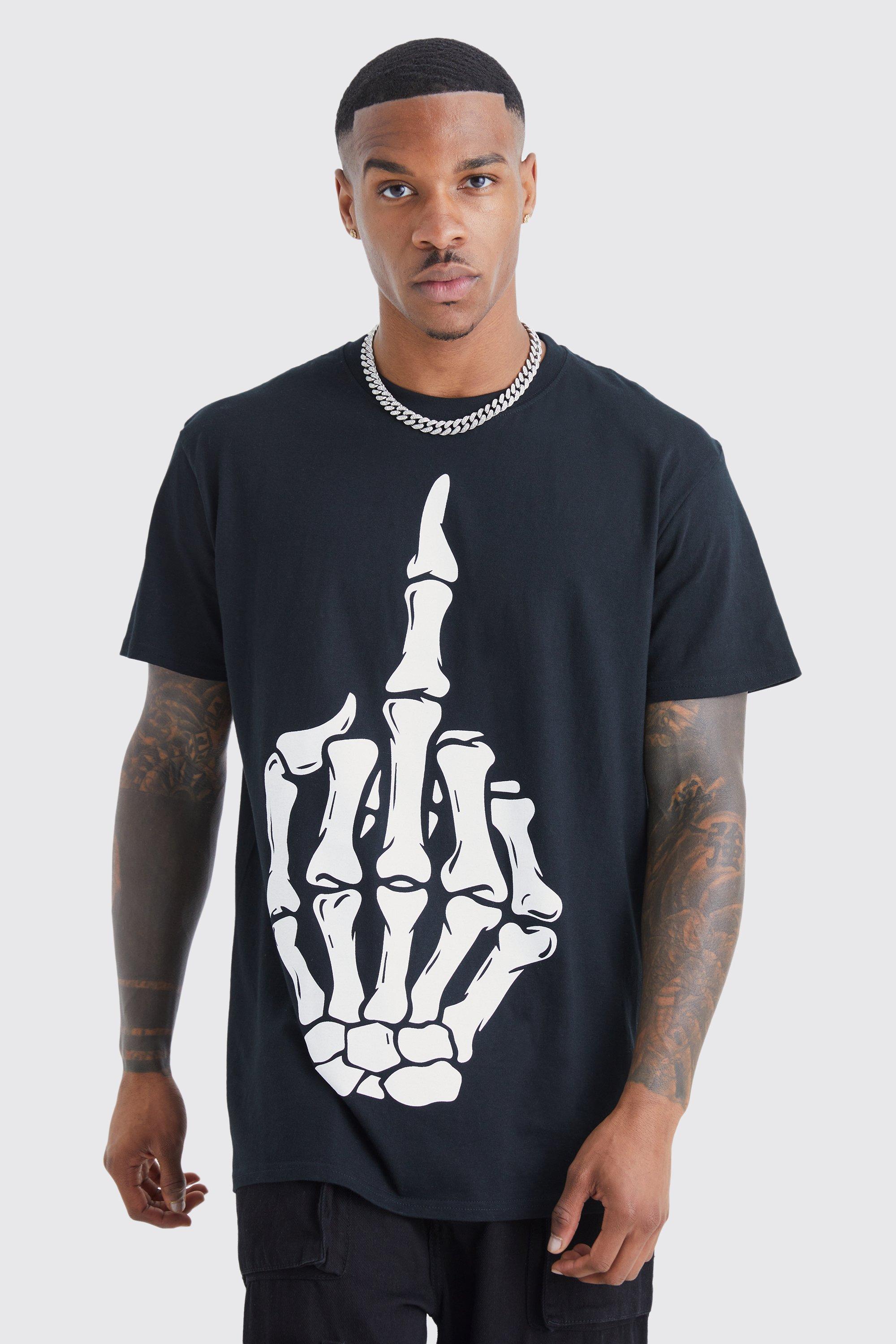 Mens Black Halloween Skeleton Middle Finger Halloween T-shirt, Black