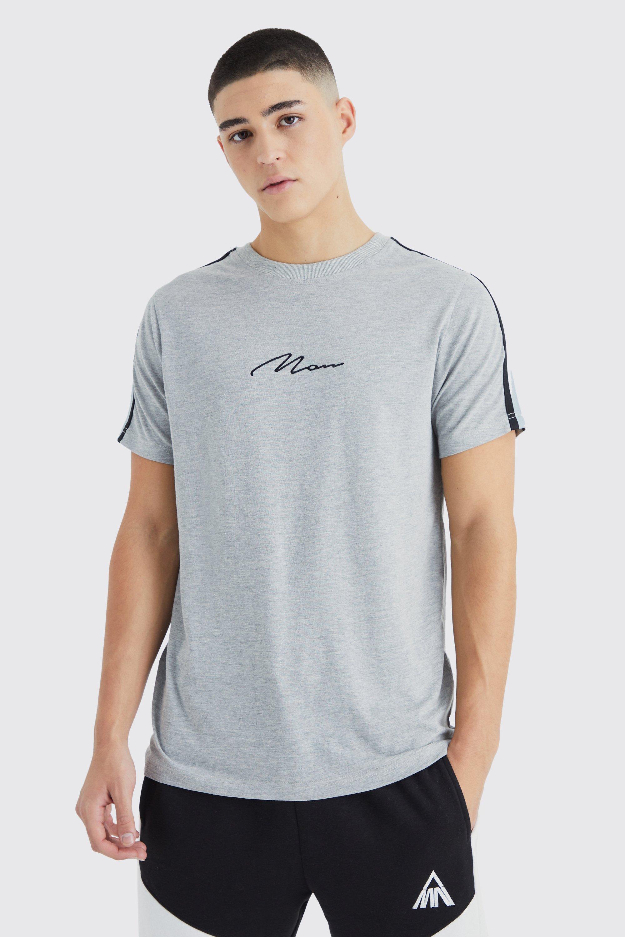 Image of T-shirt attillata con firma Man e fondo curvo, Grigio