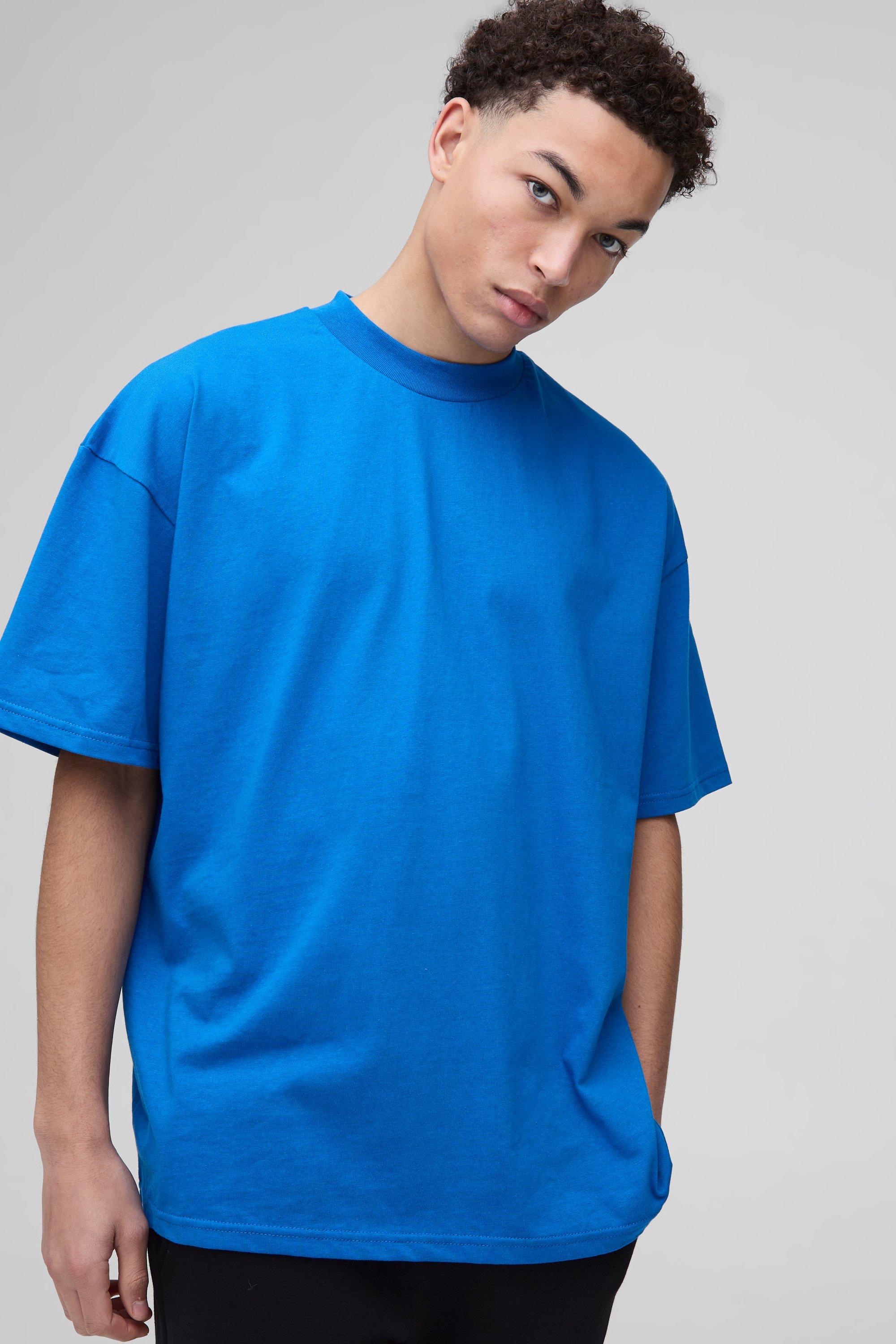 Mens Blue Oversized Extended Neck Heavy T-shirt, Blue