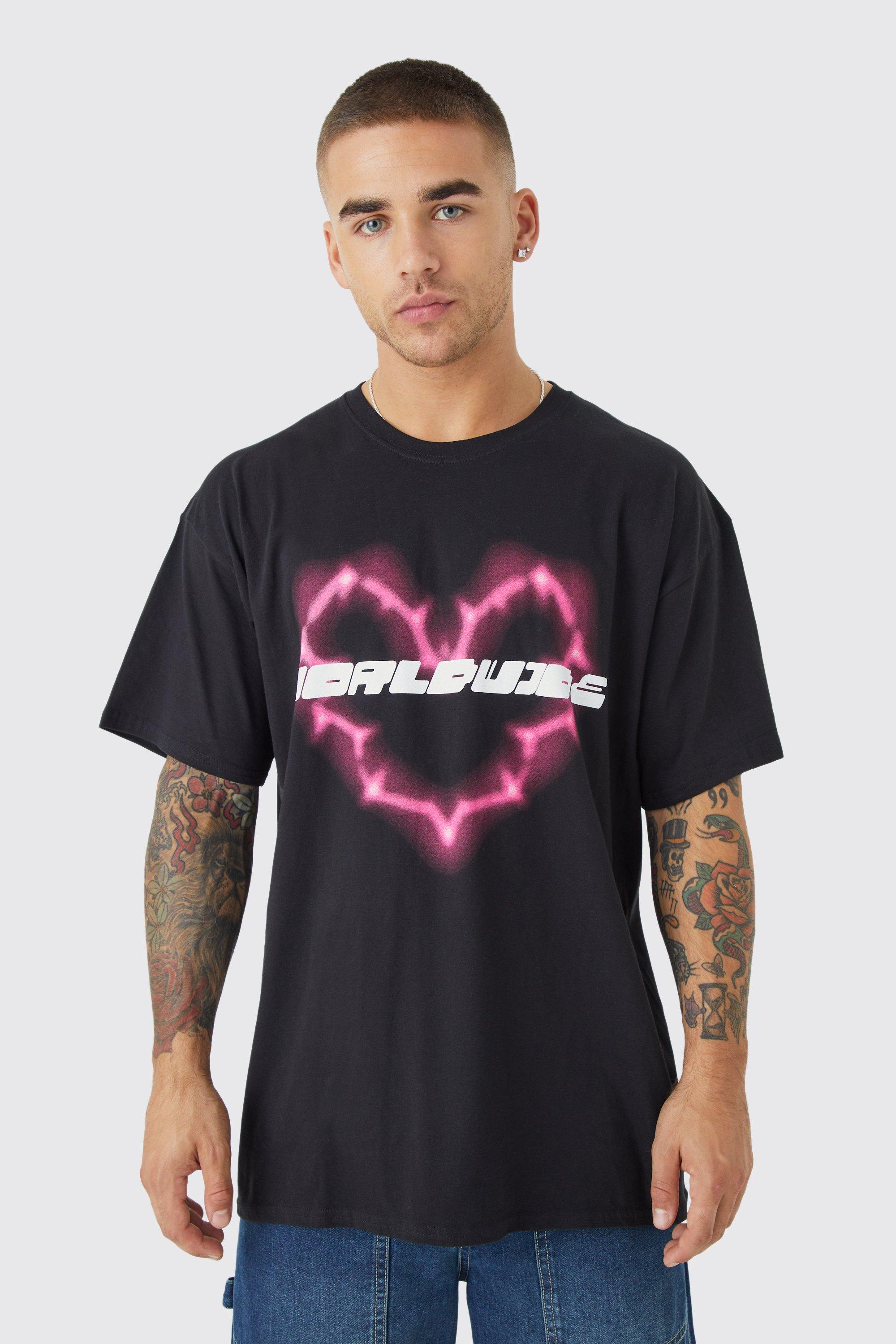 Mens Black Oversized Worldwide Heart T-shirt, Black