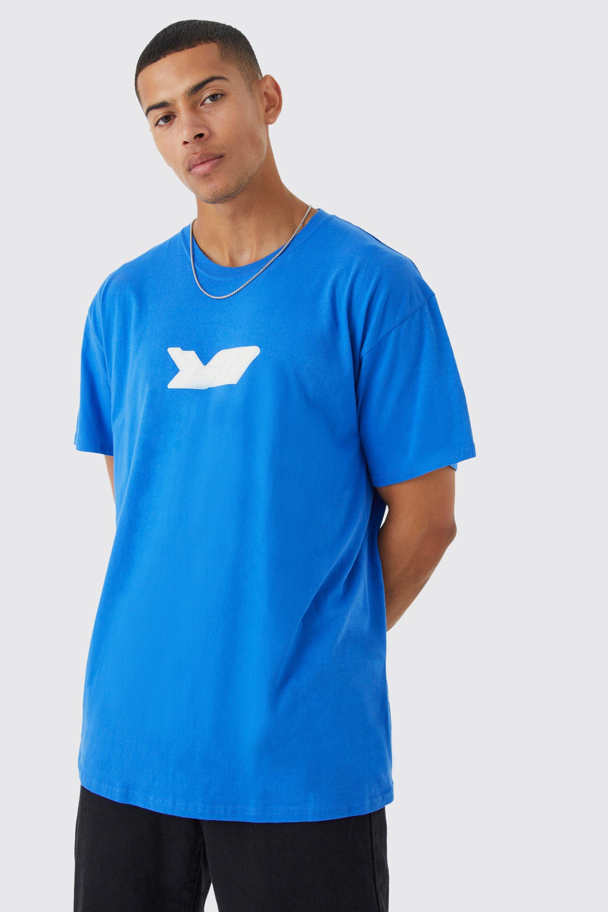 Mens Blue Oversized Bm Graphic T-shirt, Blue