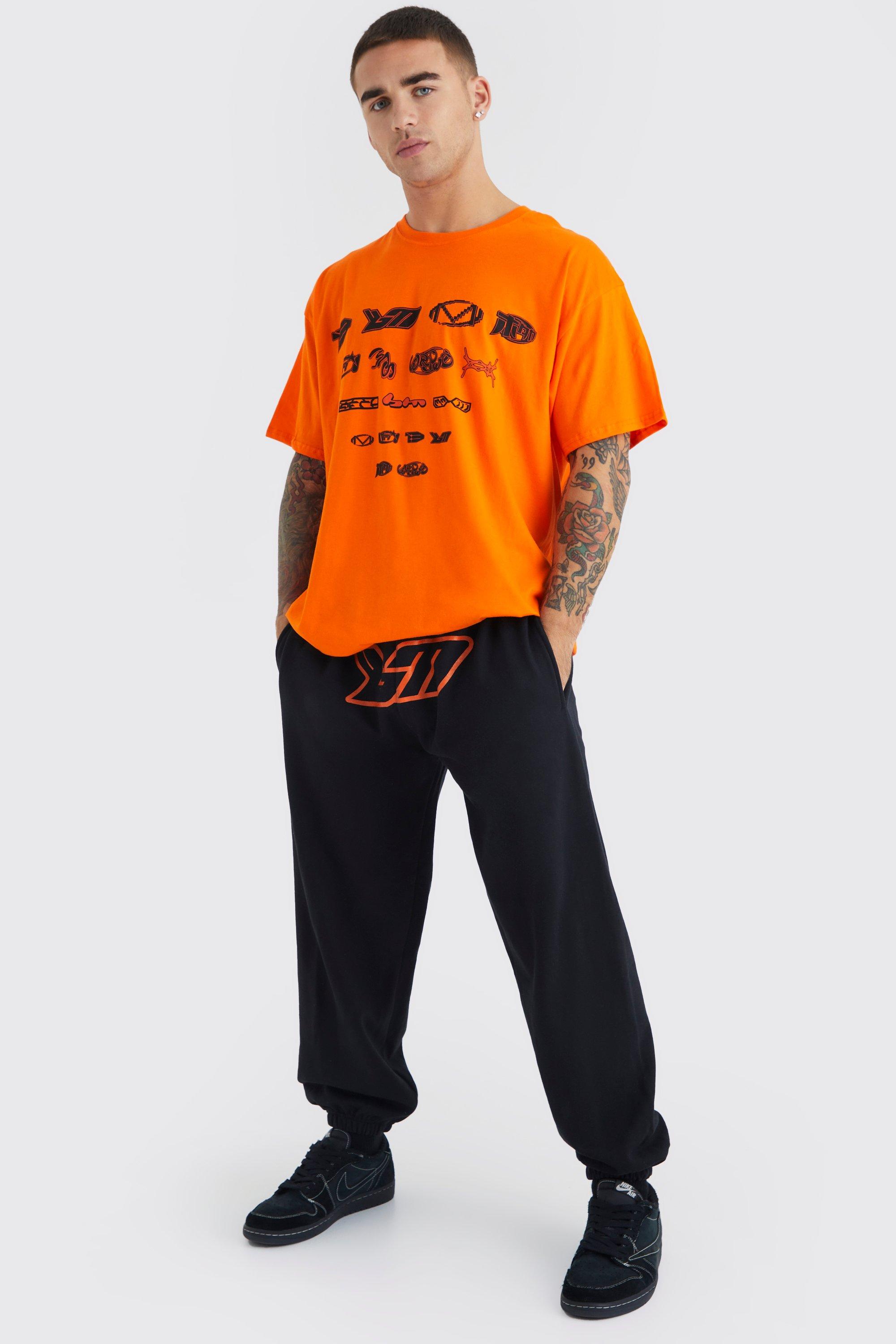 Mens Orange Oversized Bm Crotch Print T-shirt & Jogger Set, Orange