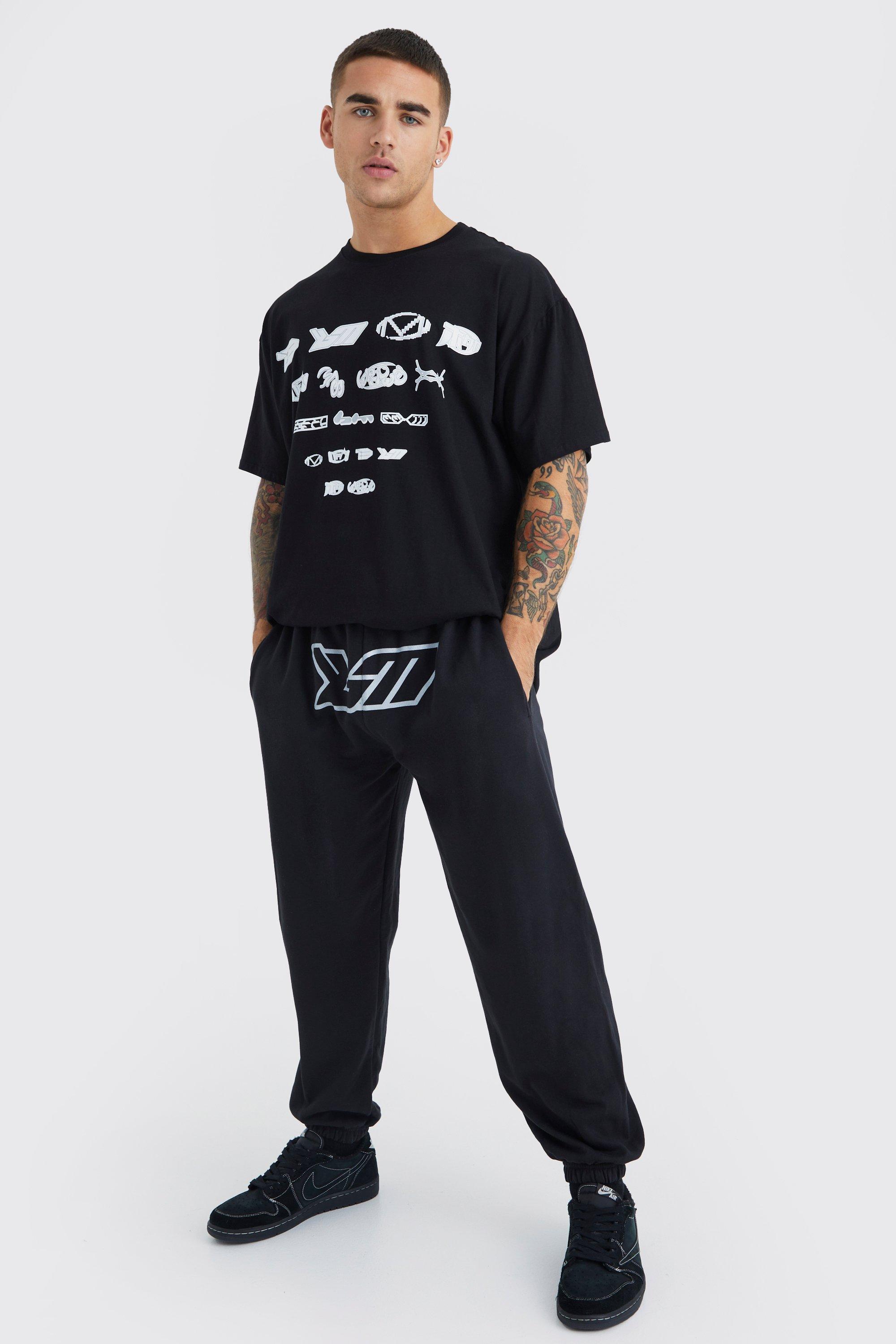 Mens Black Oversized Bm Crotch Print T-shirt & Jogger Set, Black