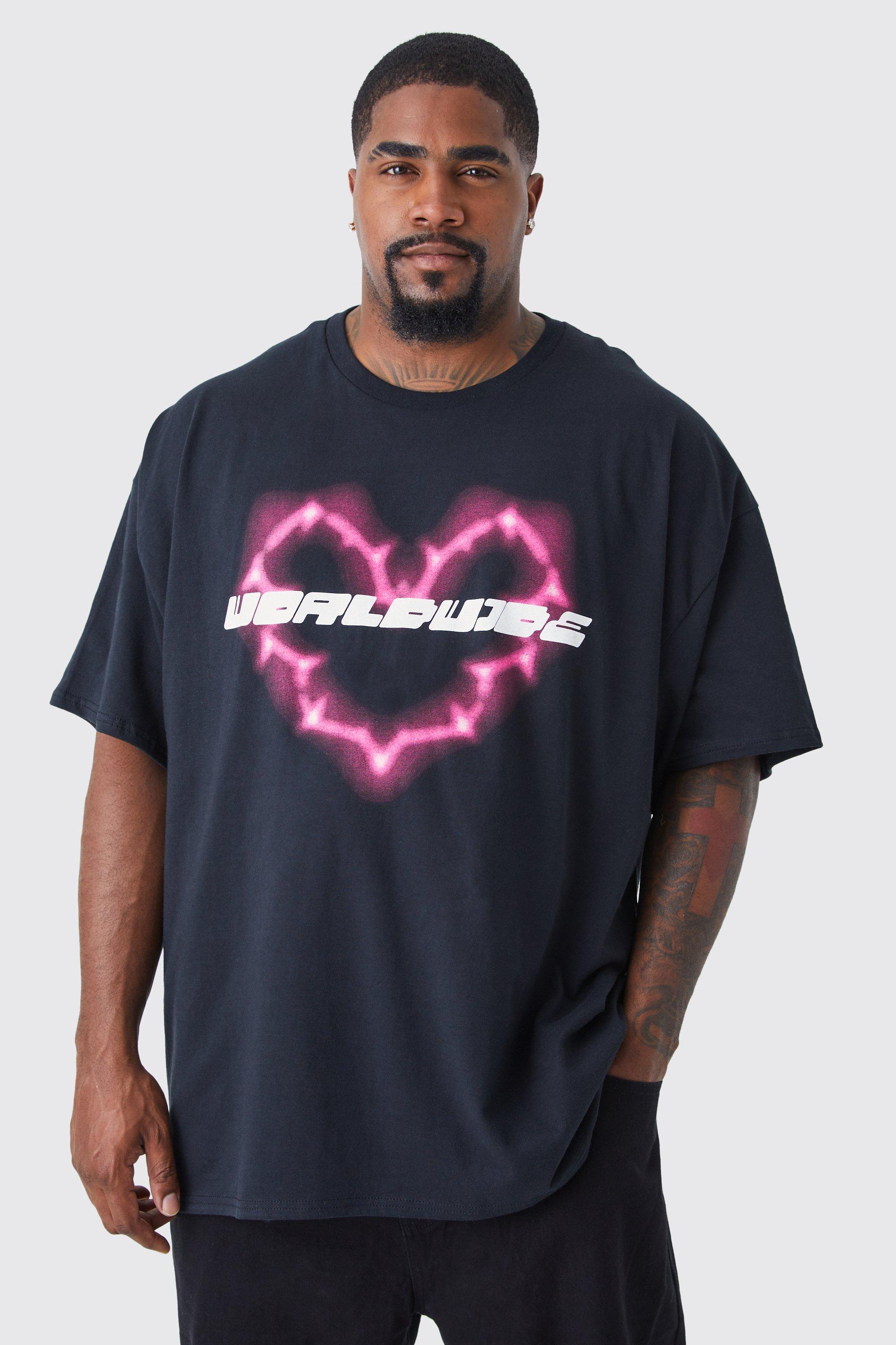 Mens Black Plus Worldwide Heart T-shirt, Black