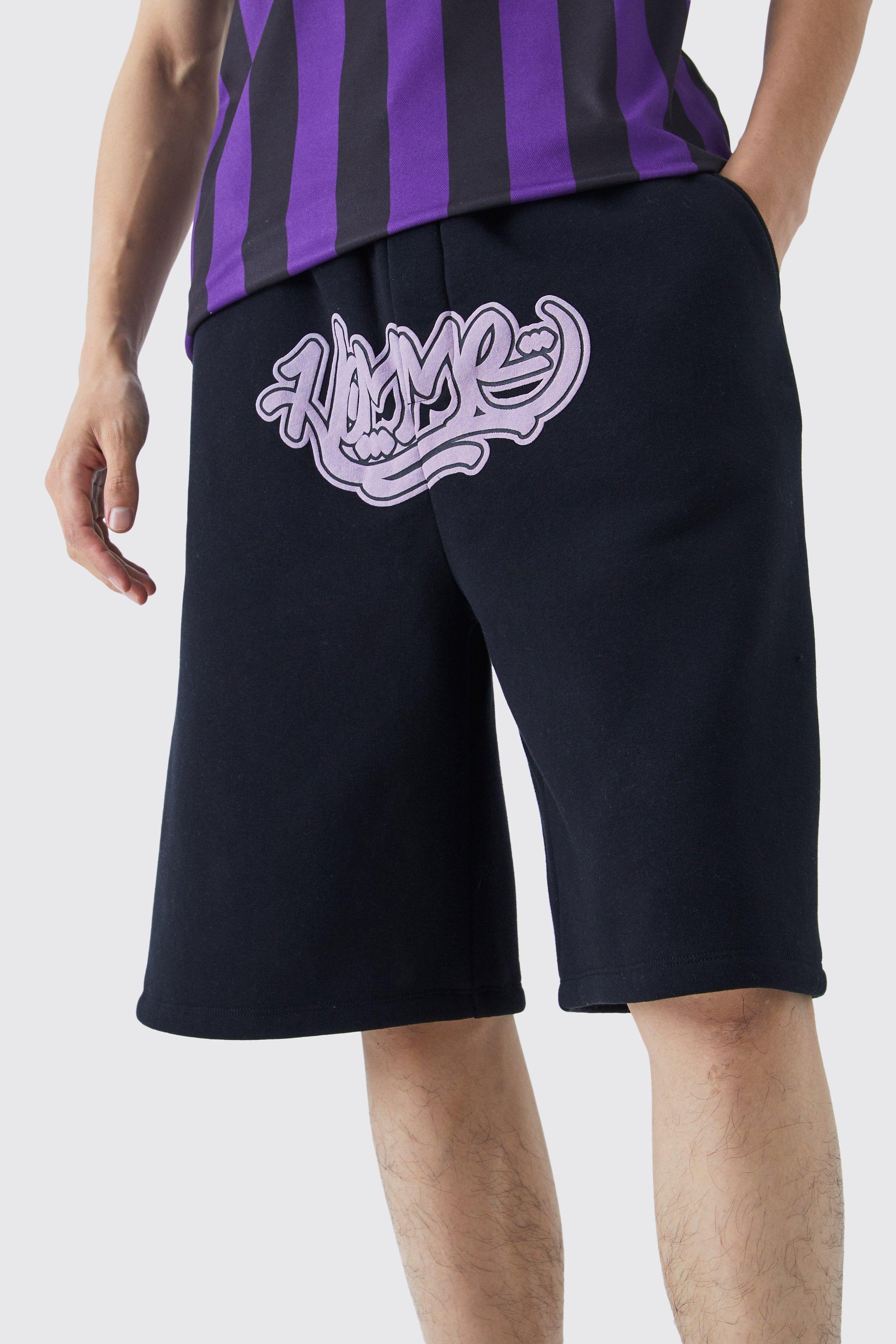 Mens Black Oversized Homme Graffiti Drop Crotch Jorts, Black