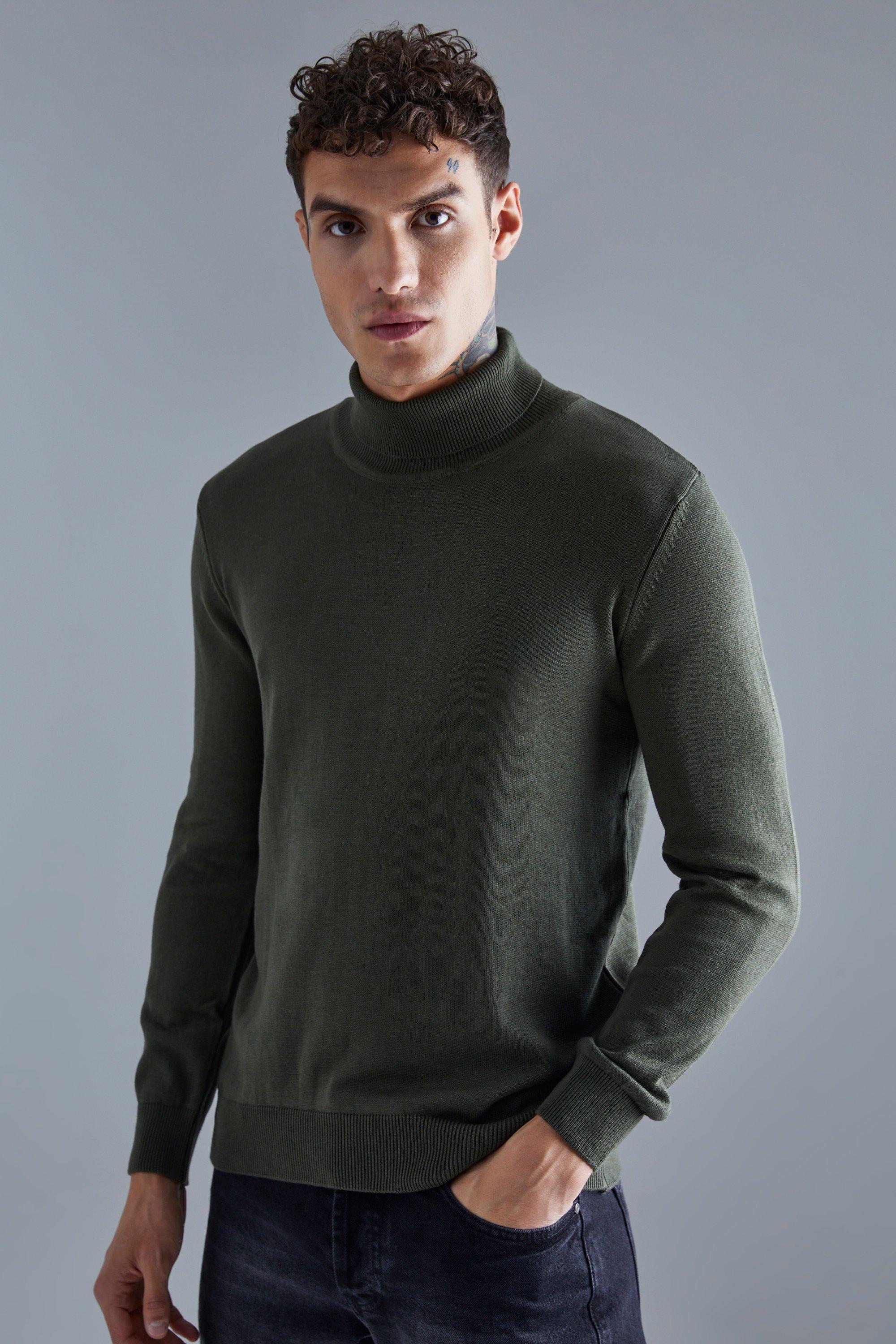 Mens Green Long Sleeve Roll Neck Knit Jumper, Green