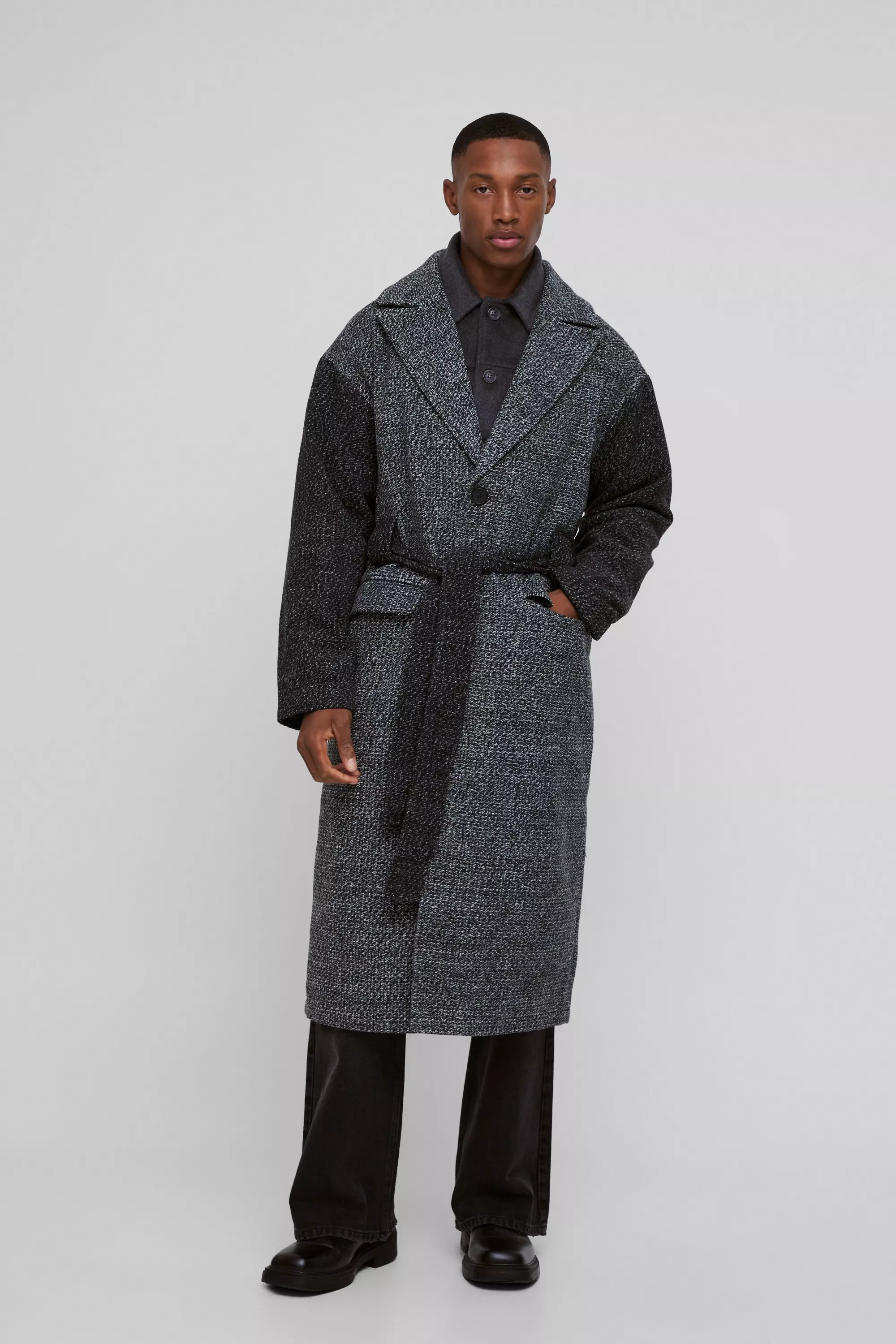 Salt Pepper Contrast Sleeve Belted Overcoat