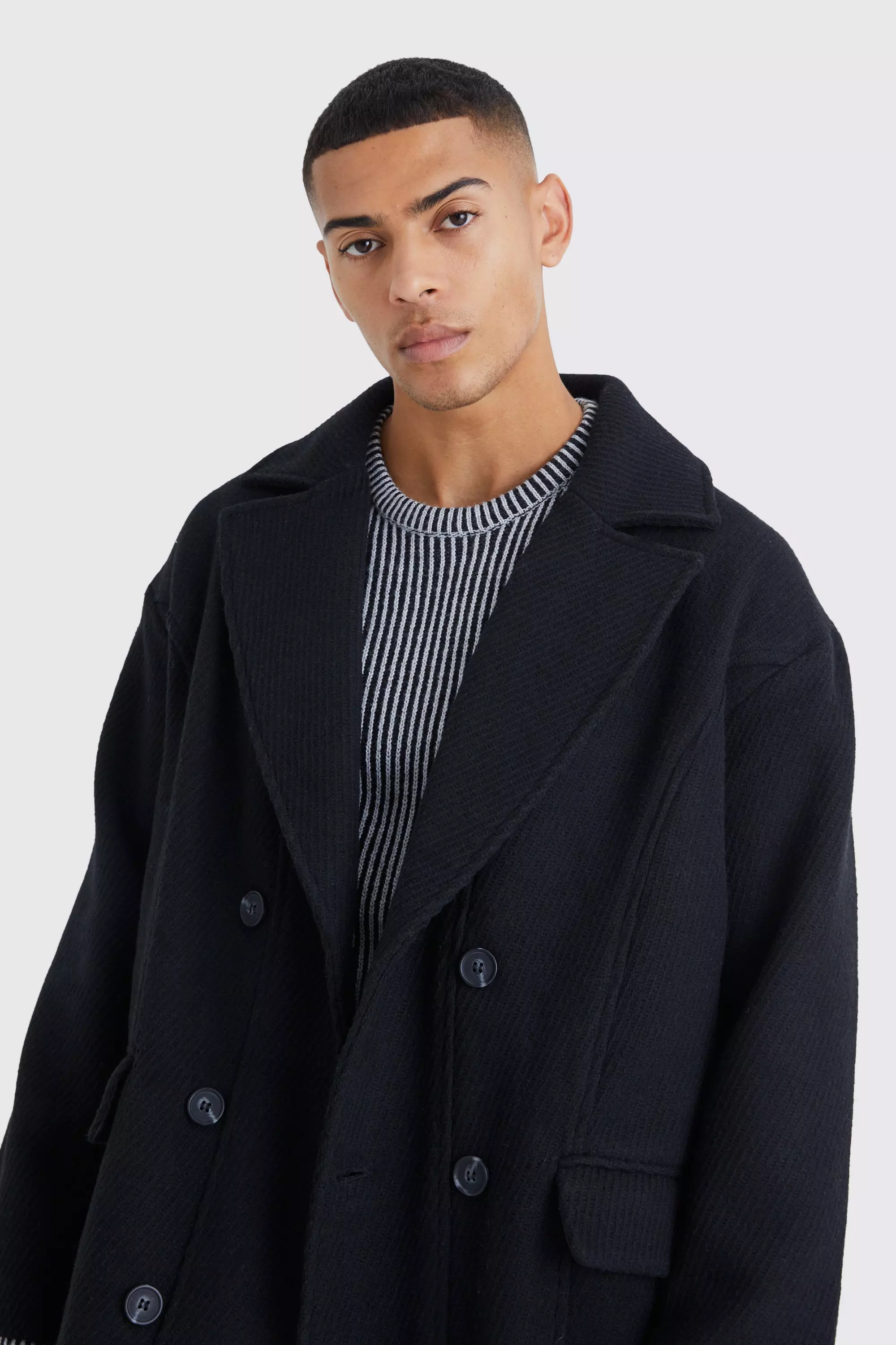 Wool Look Double Breasted Textured Overcoat | boohooMAN USA