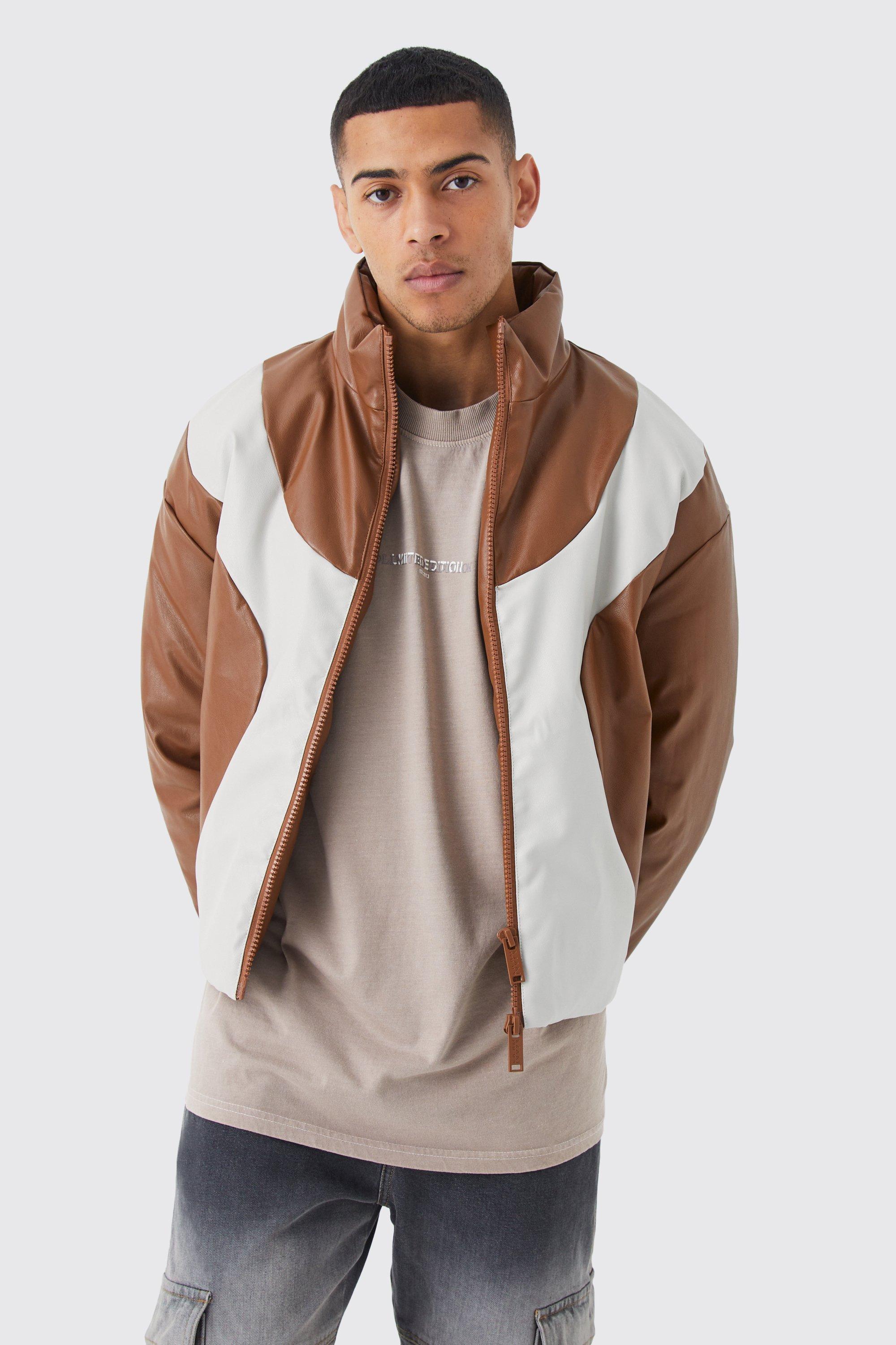 Mens Brown Boxy Pu Funnel Neck Panelled Bomber, Brown
