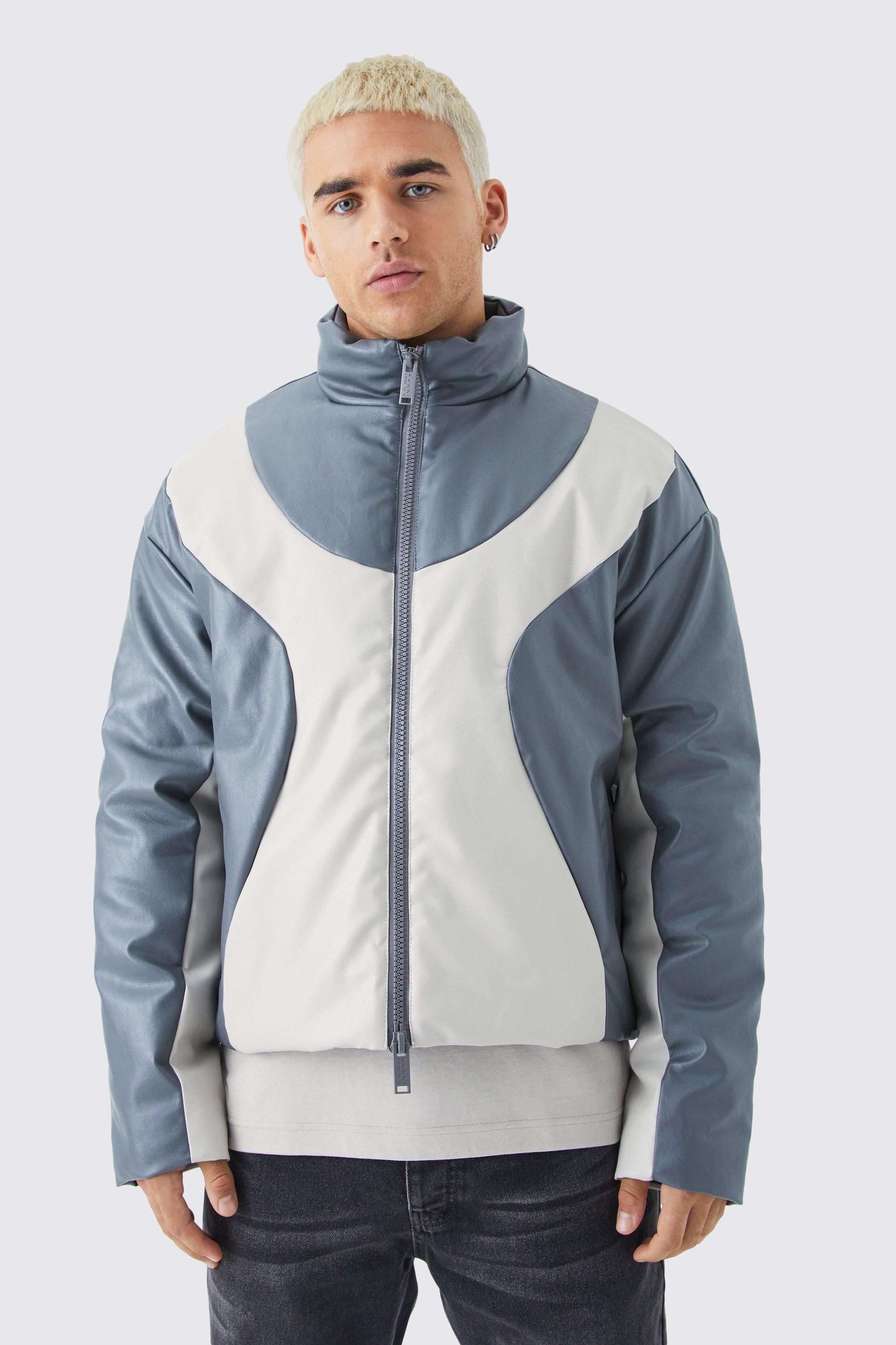 Mens Grey Boxy PU Funnel Neck Panelled Bomber Jacket, Grey
