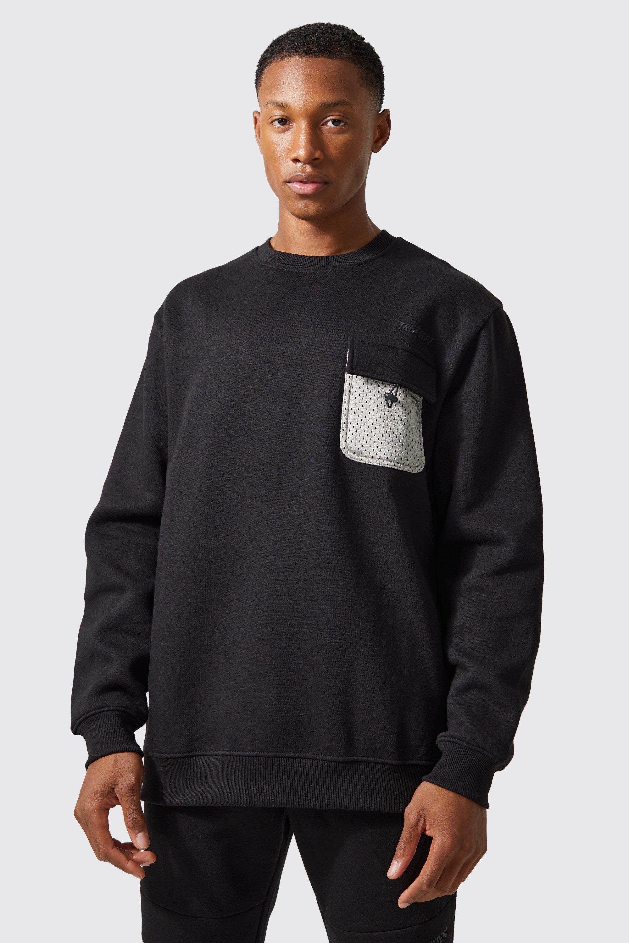 Mens Black Active Oversized Mesh Pocket Trek Sweatshirt, Black