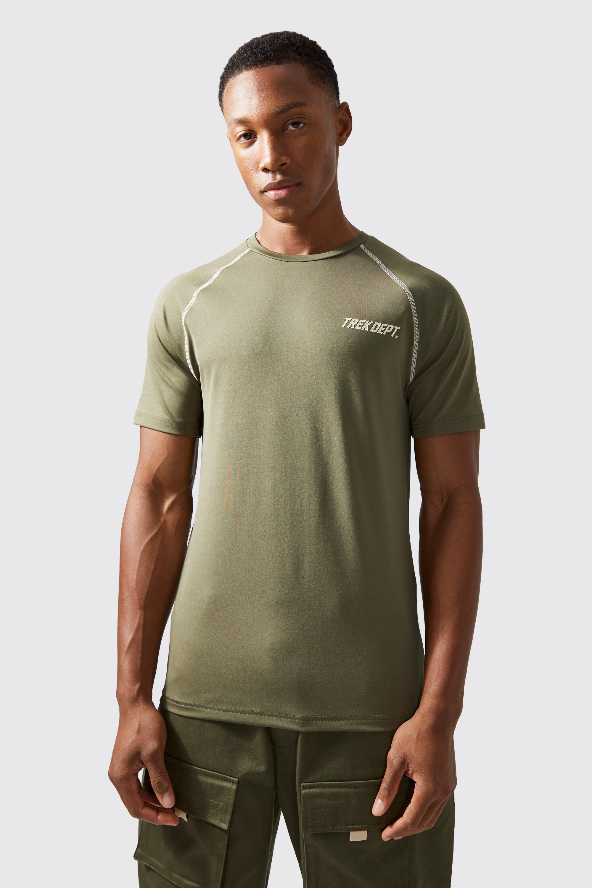 Mens Green Active Muscle Performance Topstitch T-shirt, Green