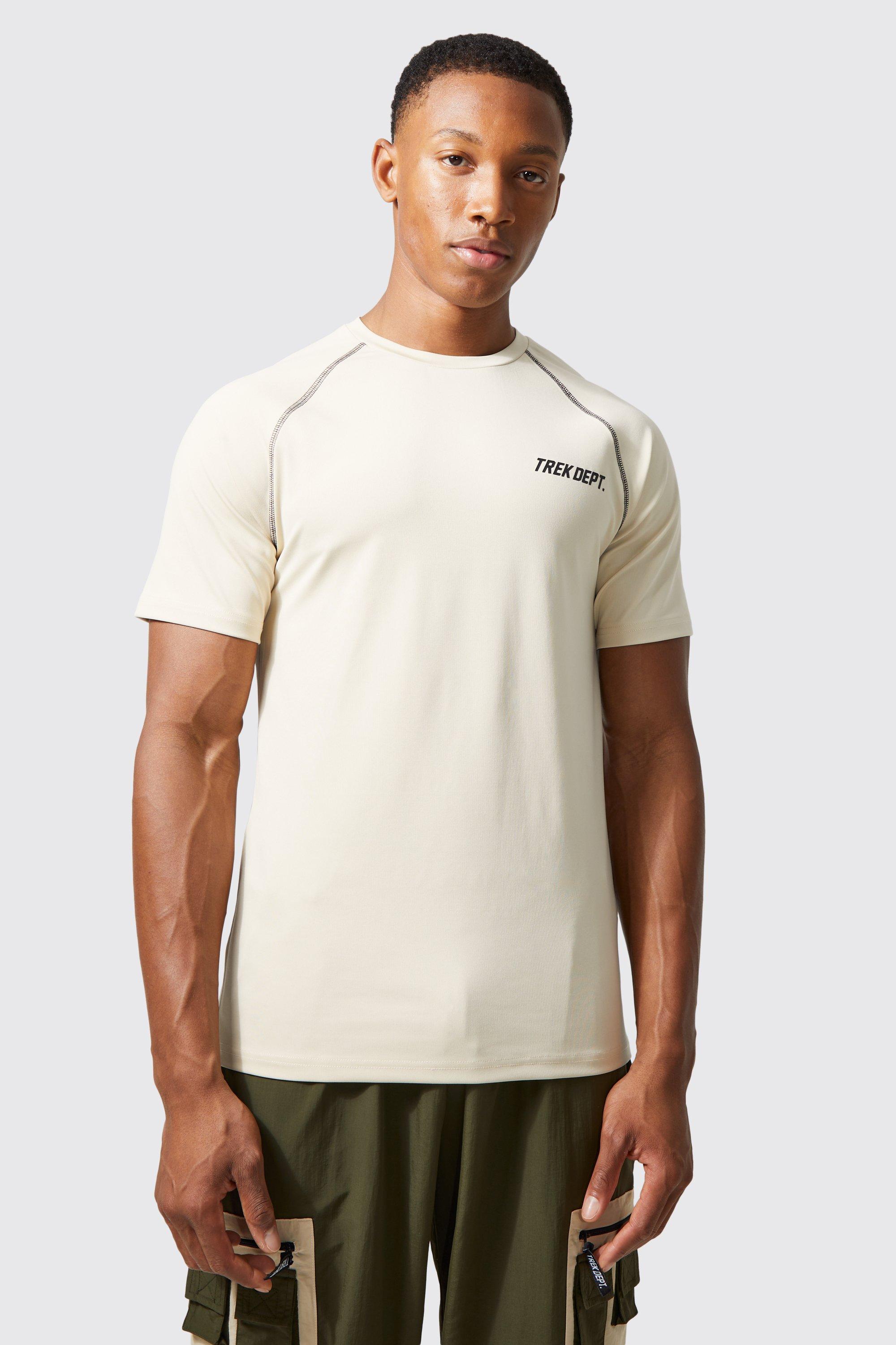 Mens Beige Active Muscle Performance Topstitch T-shirt, Beige