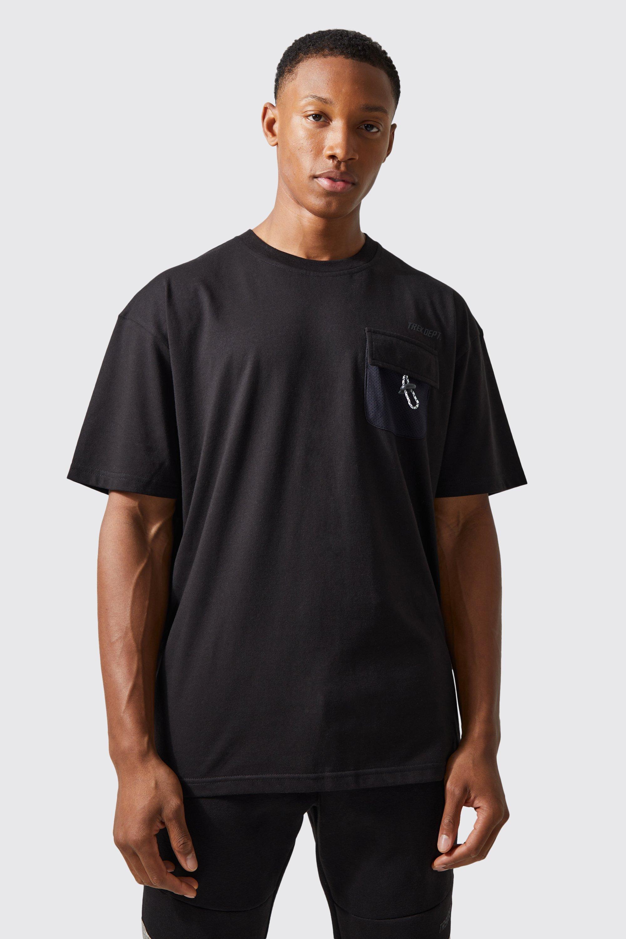 Mens Black Active Oversized Mesh Pocket Trek T-shirt, Black