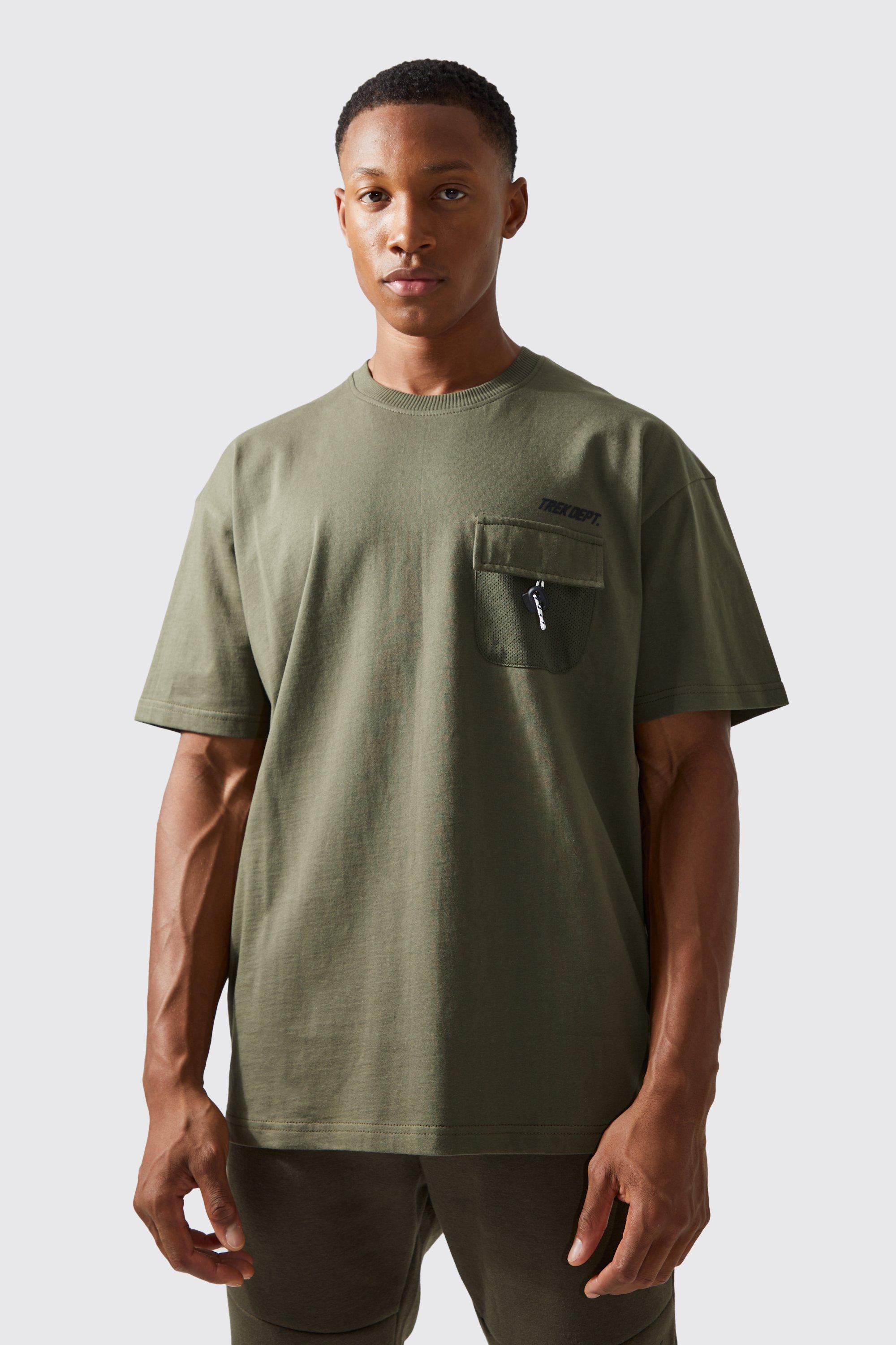 Mens Green Active Oversized Mesh Pocket Trek T-shirt, Green