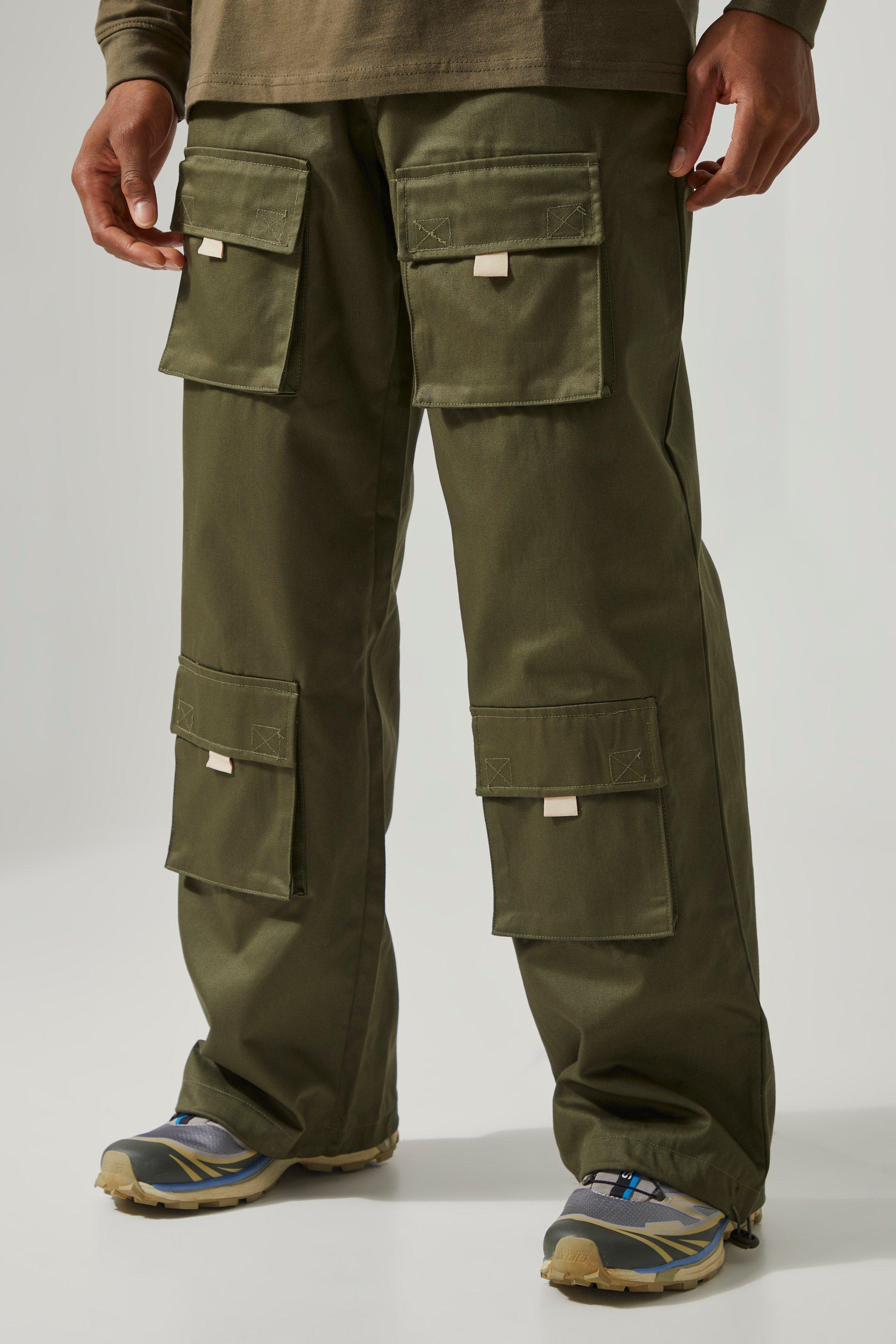 Mens Green Active Twill Wide Leg Cargo Trousers, Green