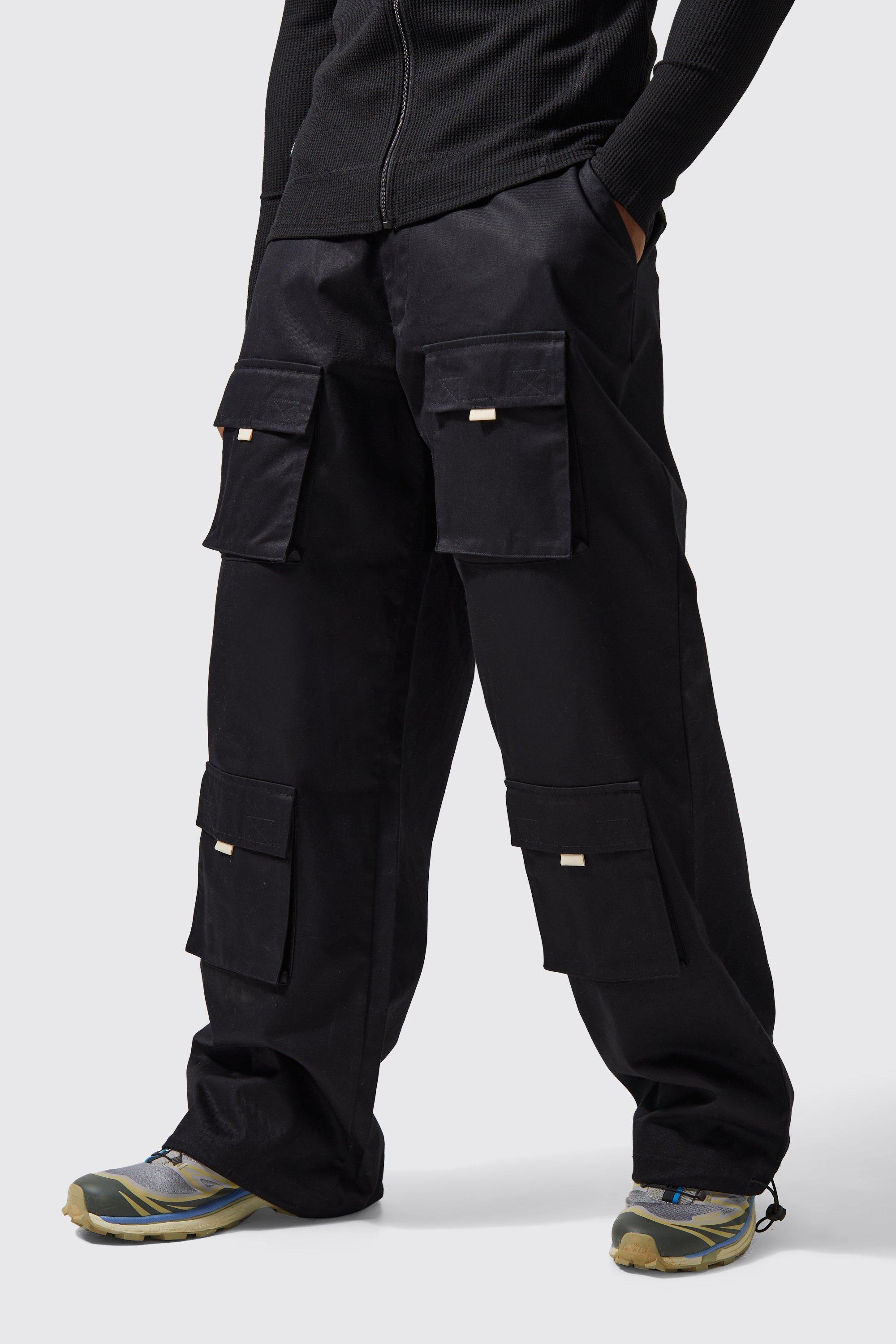 Mens Black Active Twill Wide Leg Cargo Trousers, Black
