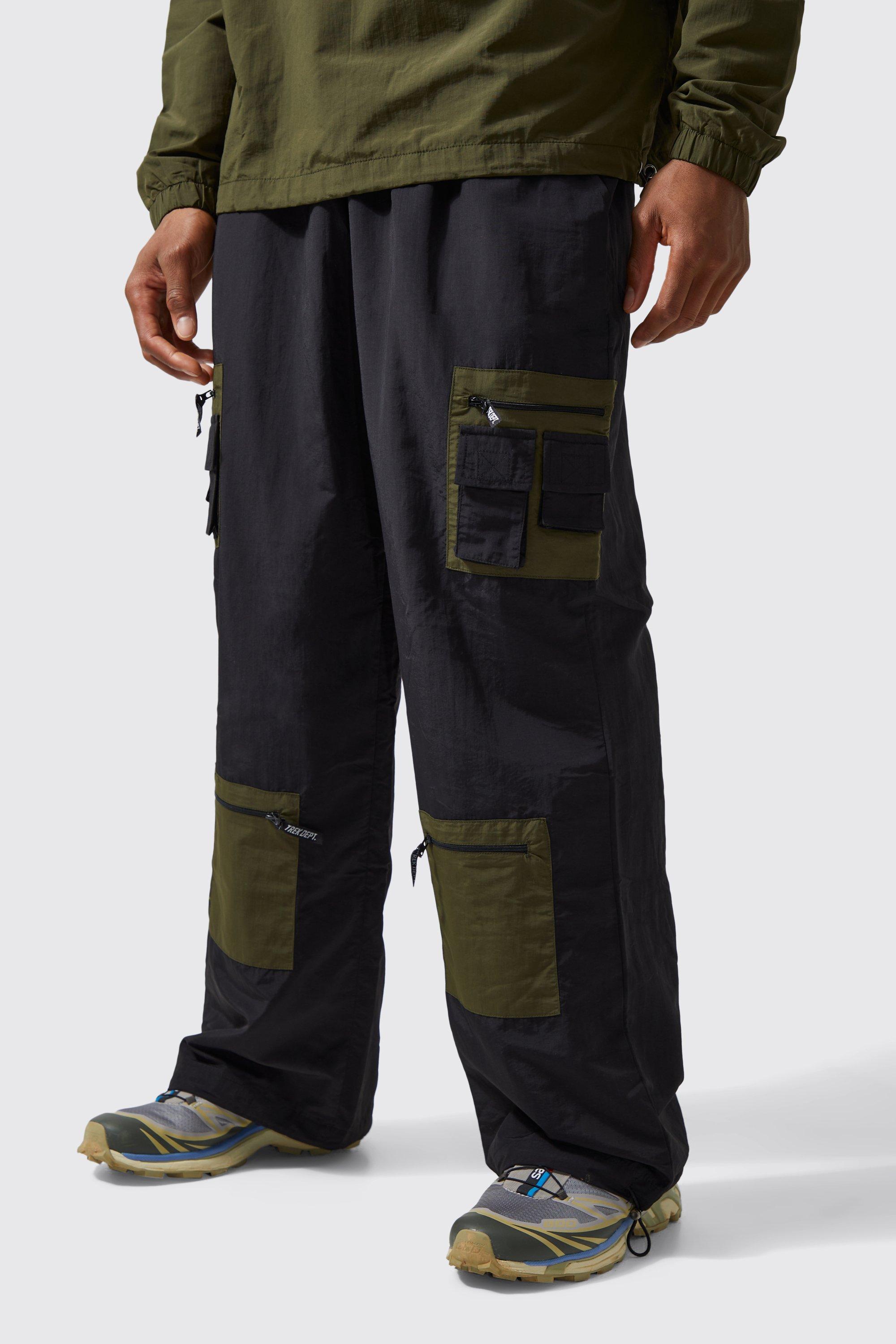 Mens Black Active Wide Leg Matte Nylon Cargo Trousers, Black