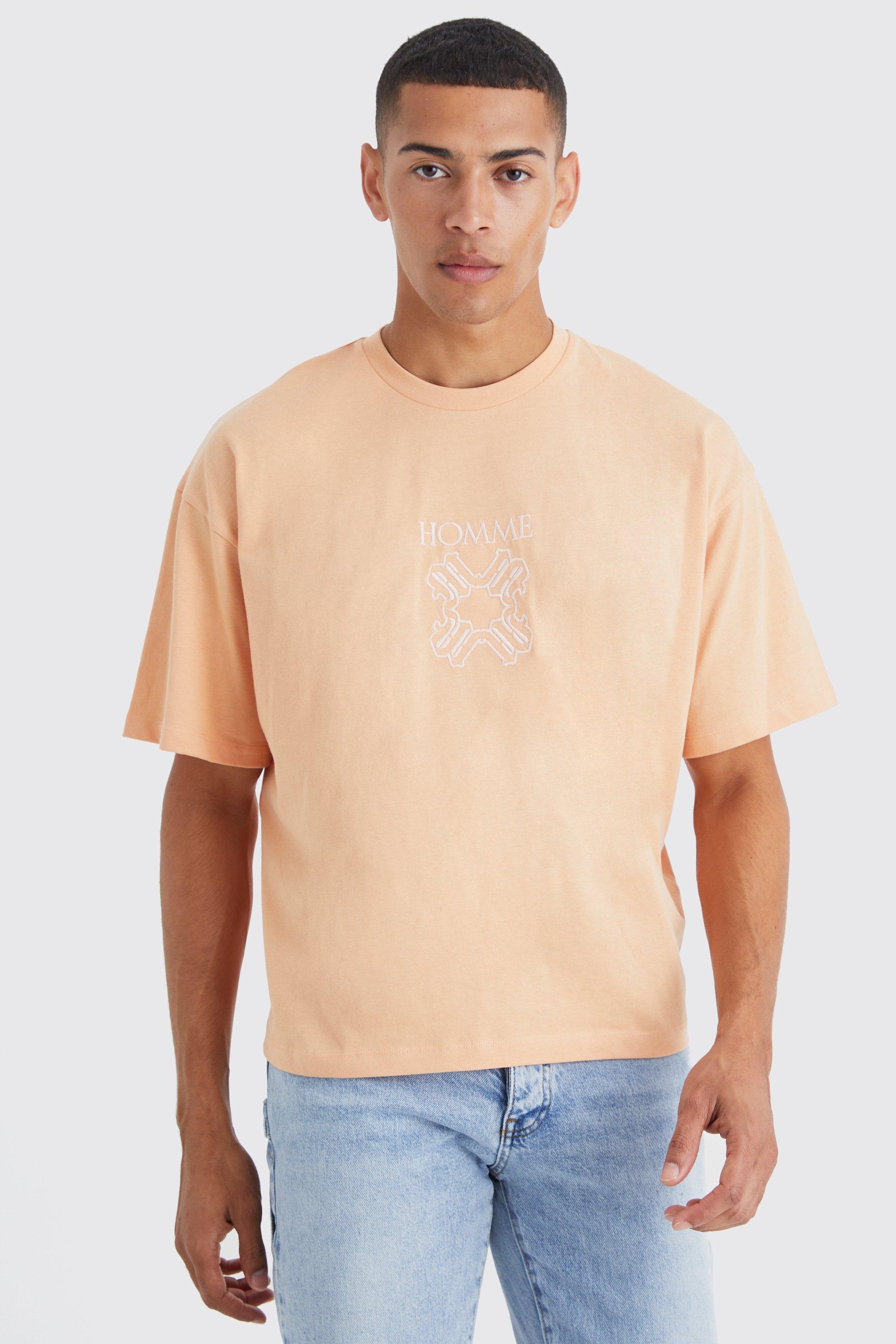 Mens Orange Boxy Homme Embroidered T-shirt, Orange