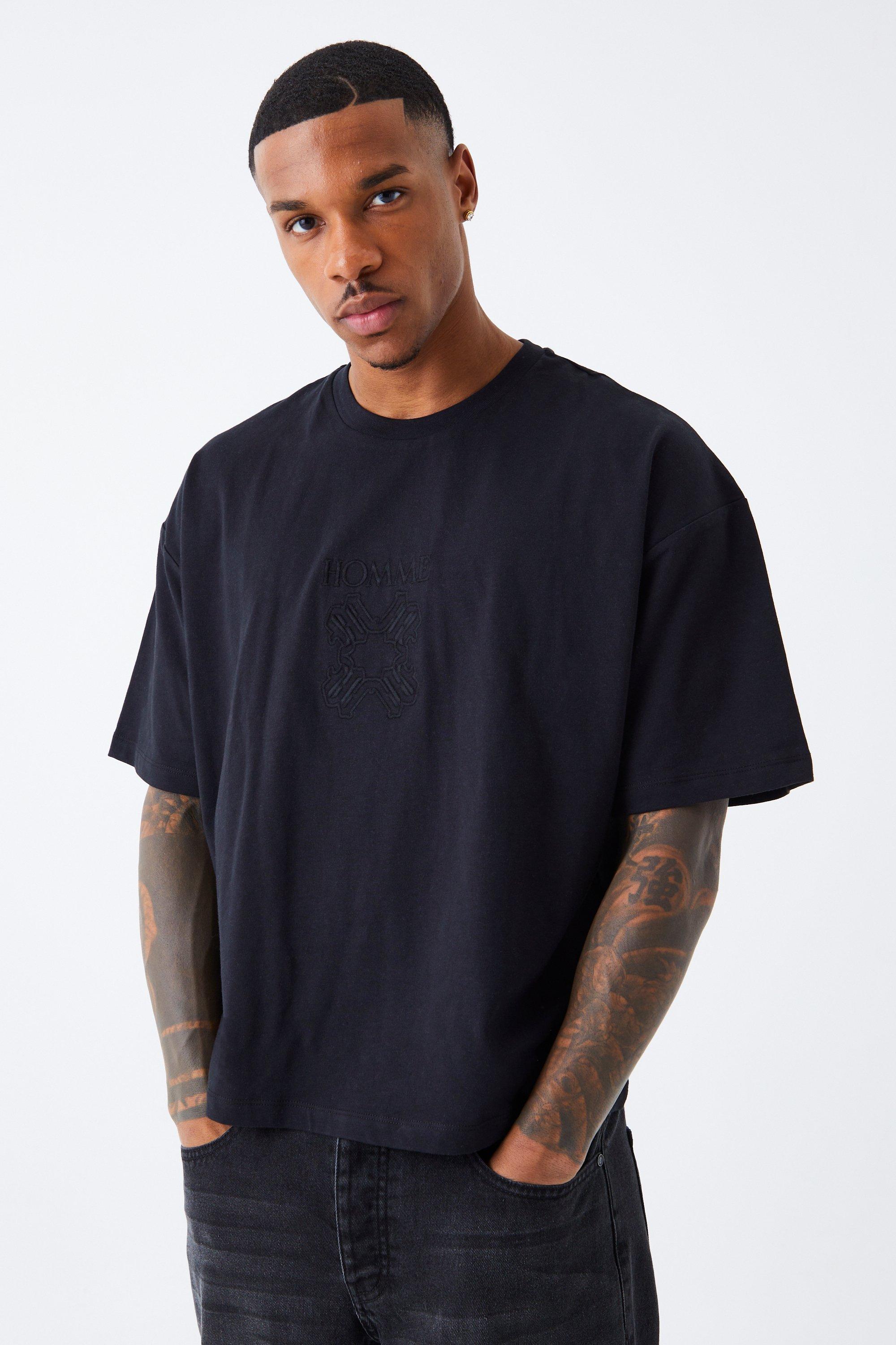 Mens Black Boxy Homme Embroidered T-shirt, Black
