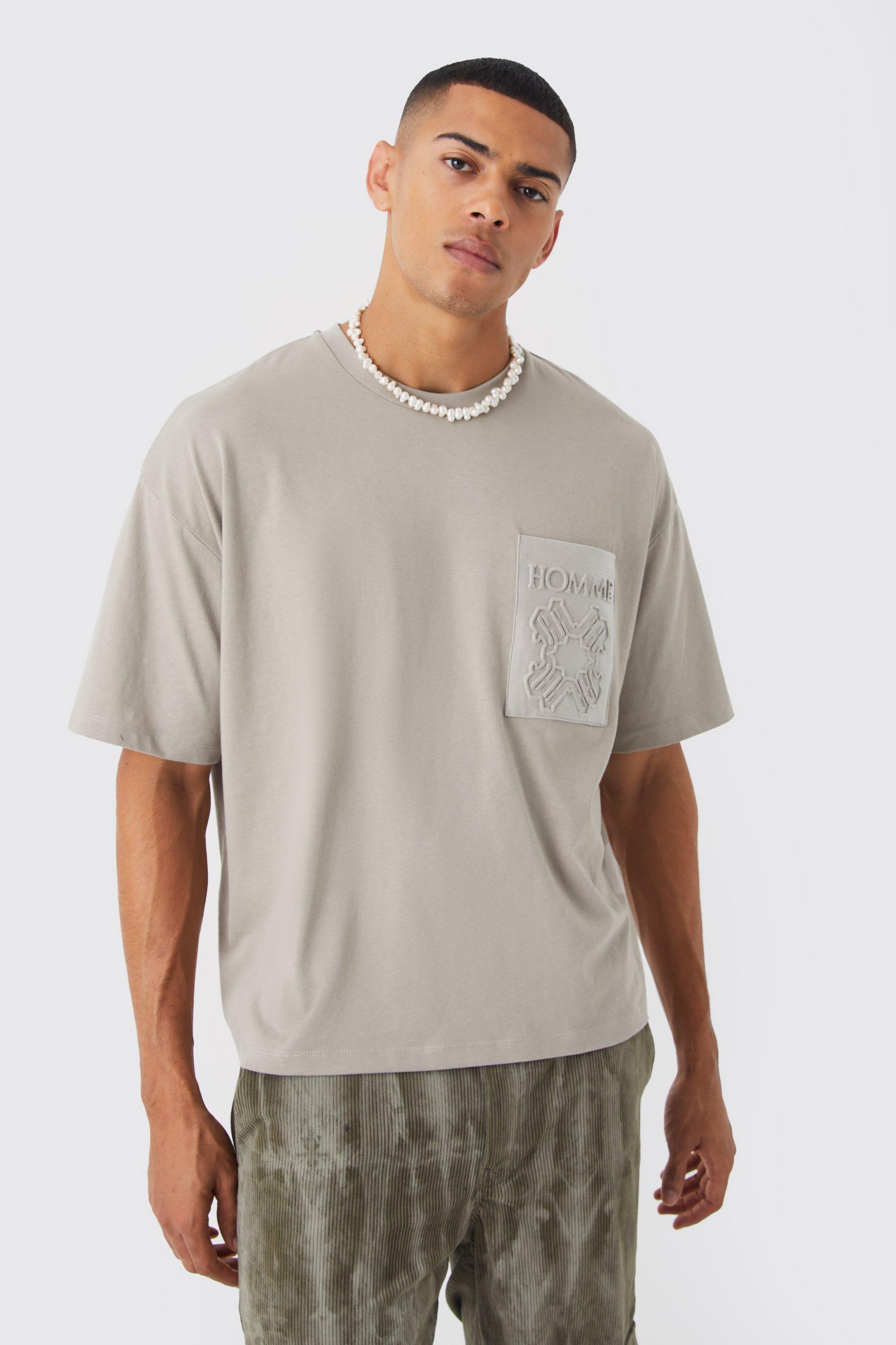 Mens Grey Boxy Homme Pu Pocket T-shirt, Grey