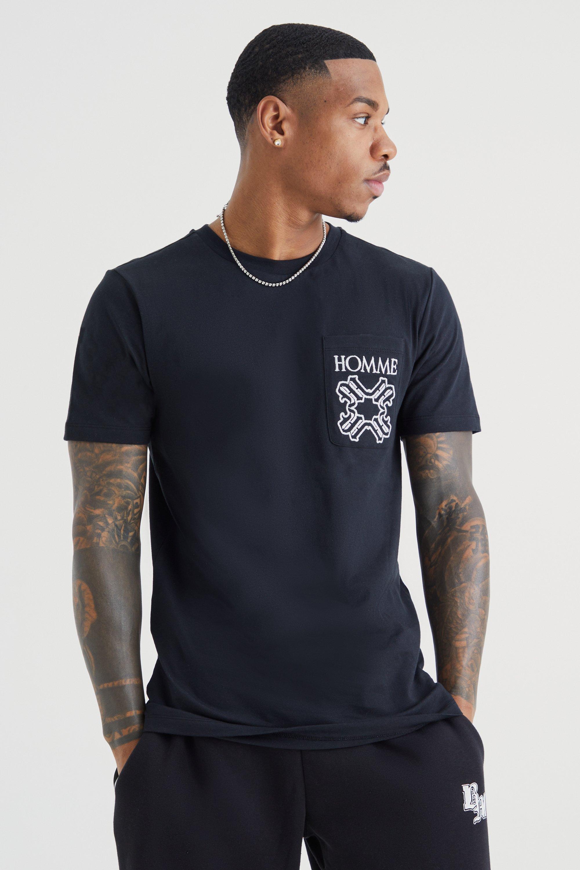 Mens Black Slim Homme Embroidered Pocket T-shirt, Black