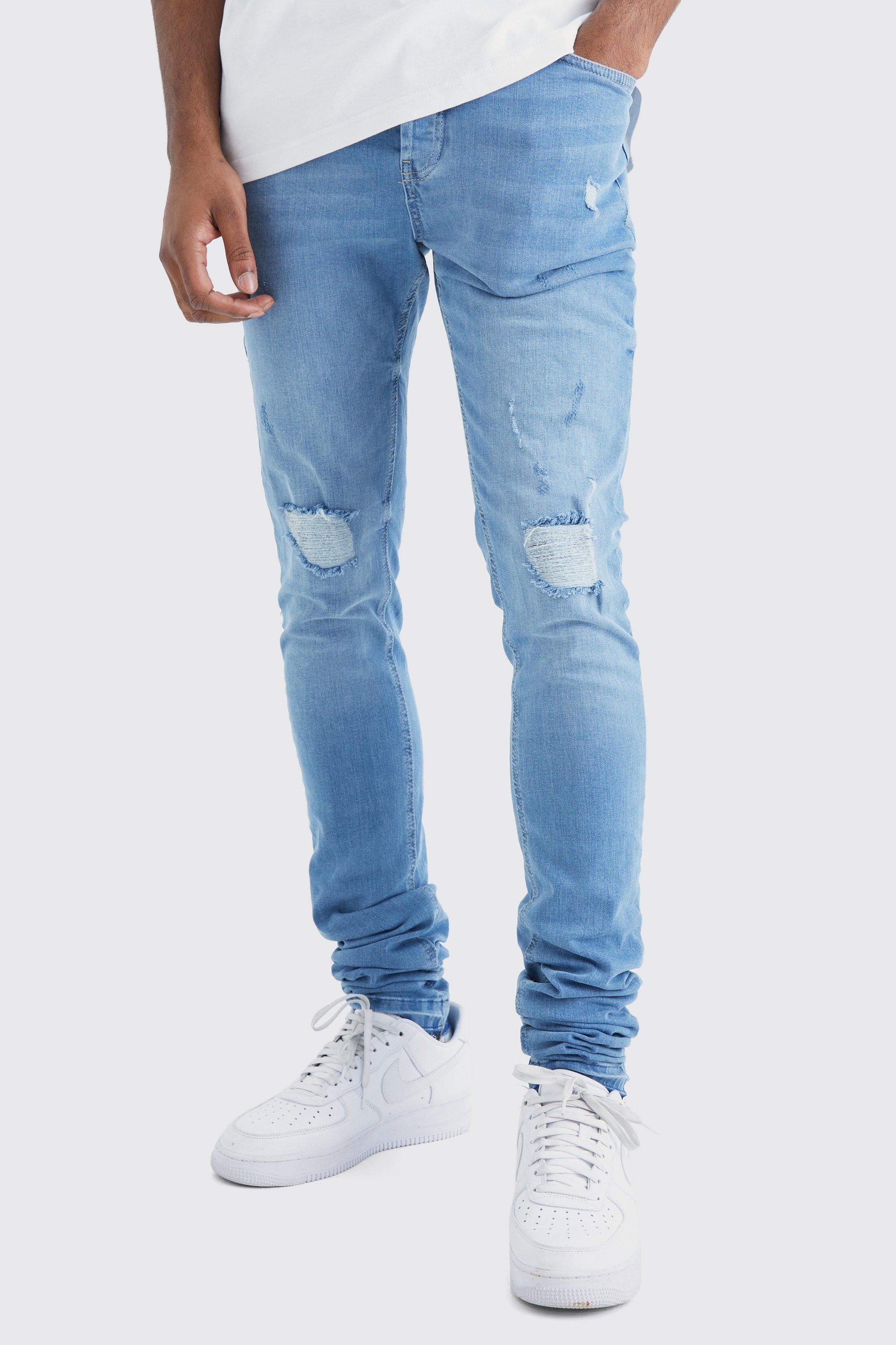 Mens Blue Tall Skinny Stacked Distressed Ripped Let Down Hem Jean, Blue