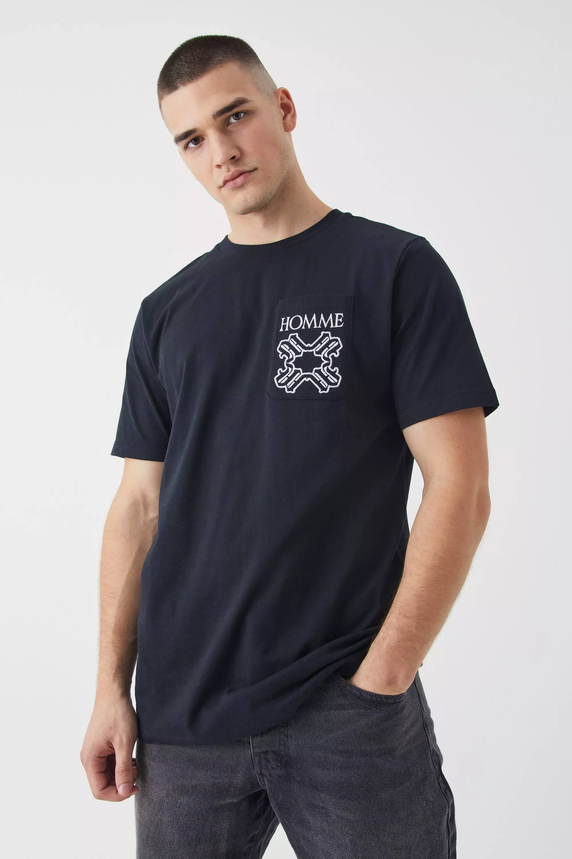 Tall Slim Homme Embroidered Pocket T shirt