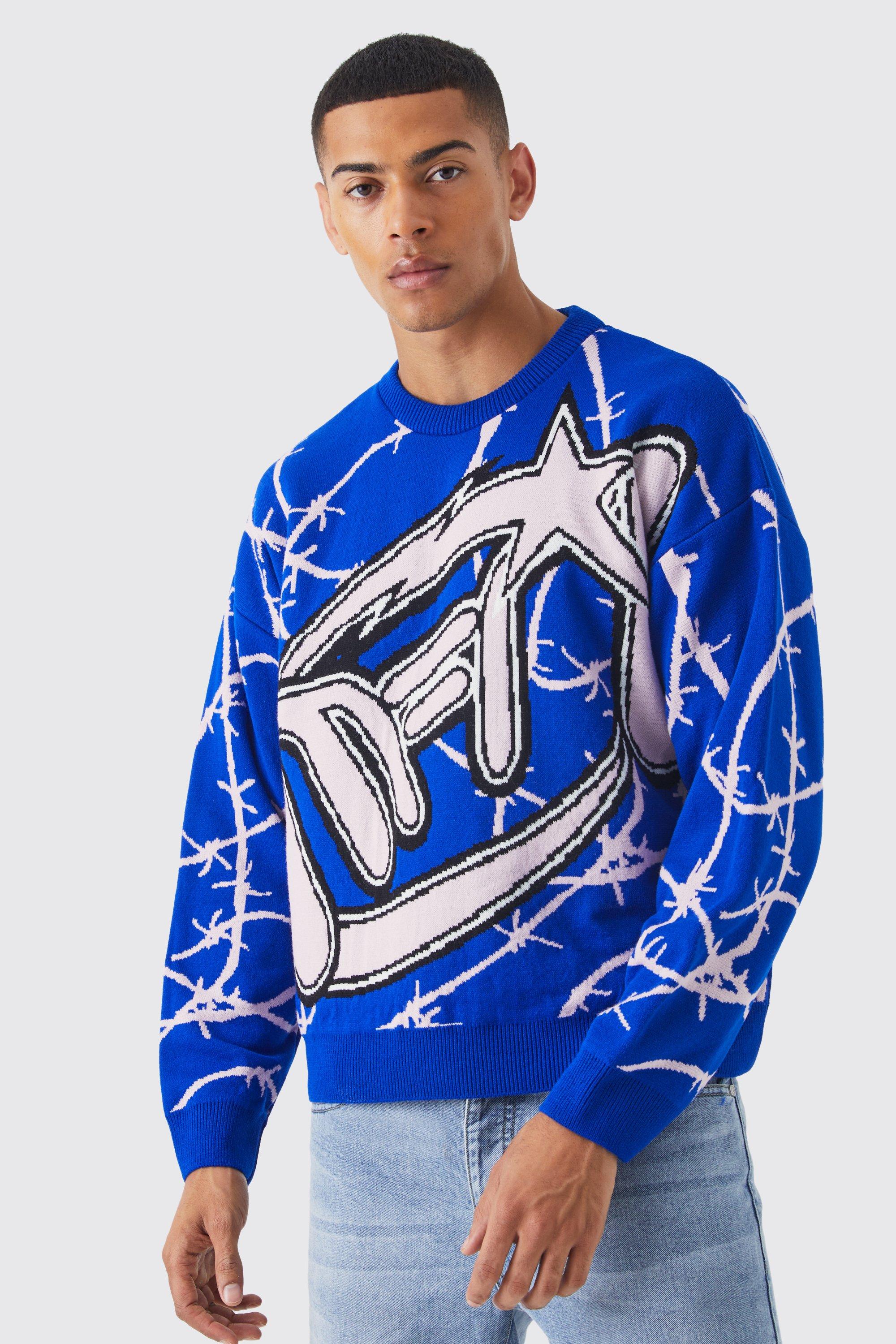 Mens Blue Oversized Boxy Barbwire Print Knitted Jumper, Blue