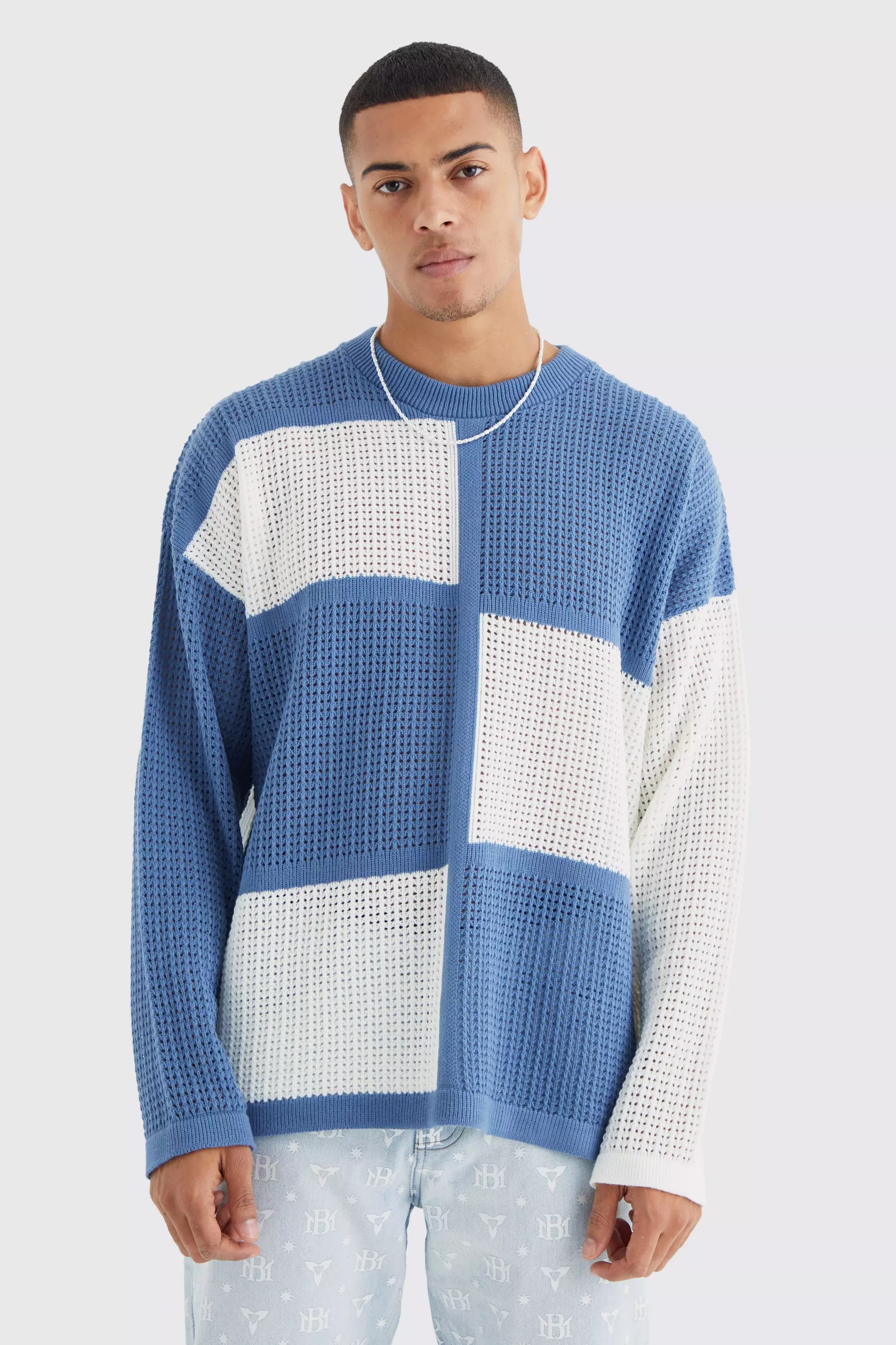 Oversized Open Knit Colour Block Jumper | boohooMAN USA