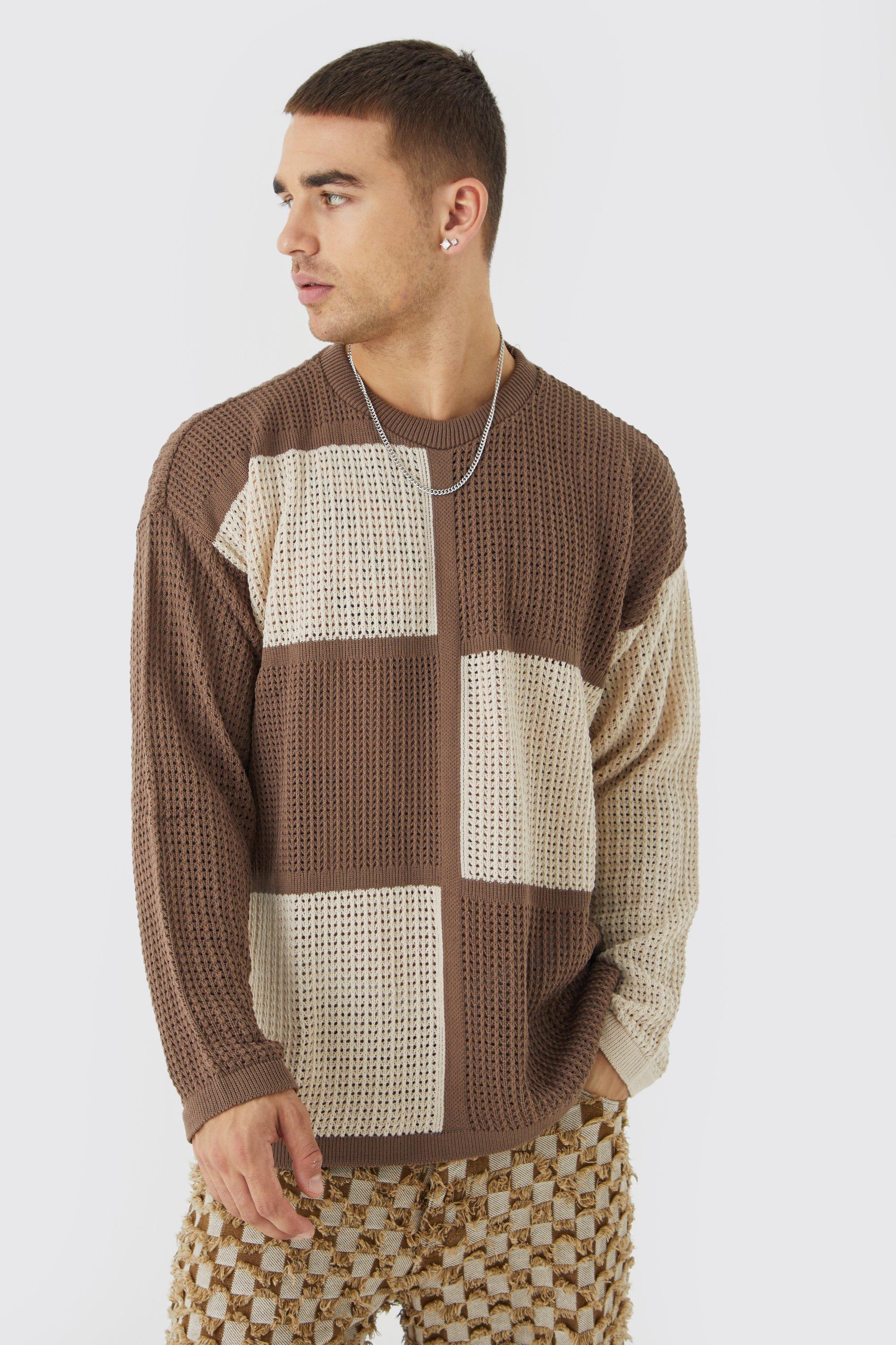 Mens Brown Oversized Open Knit Colour Block Jumper, Brown