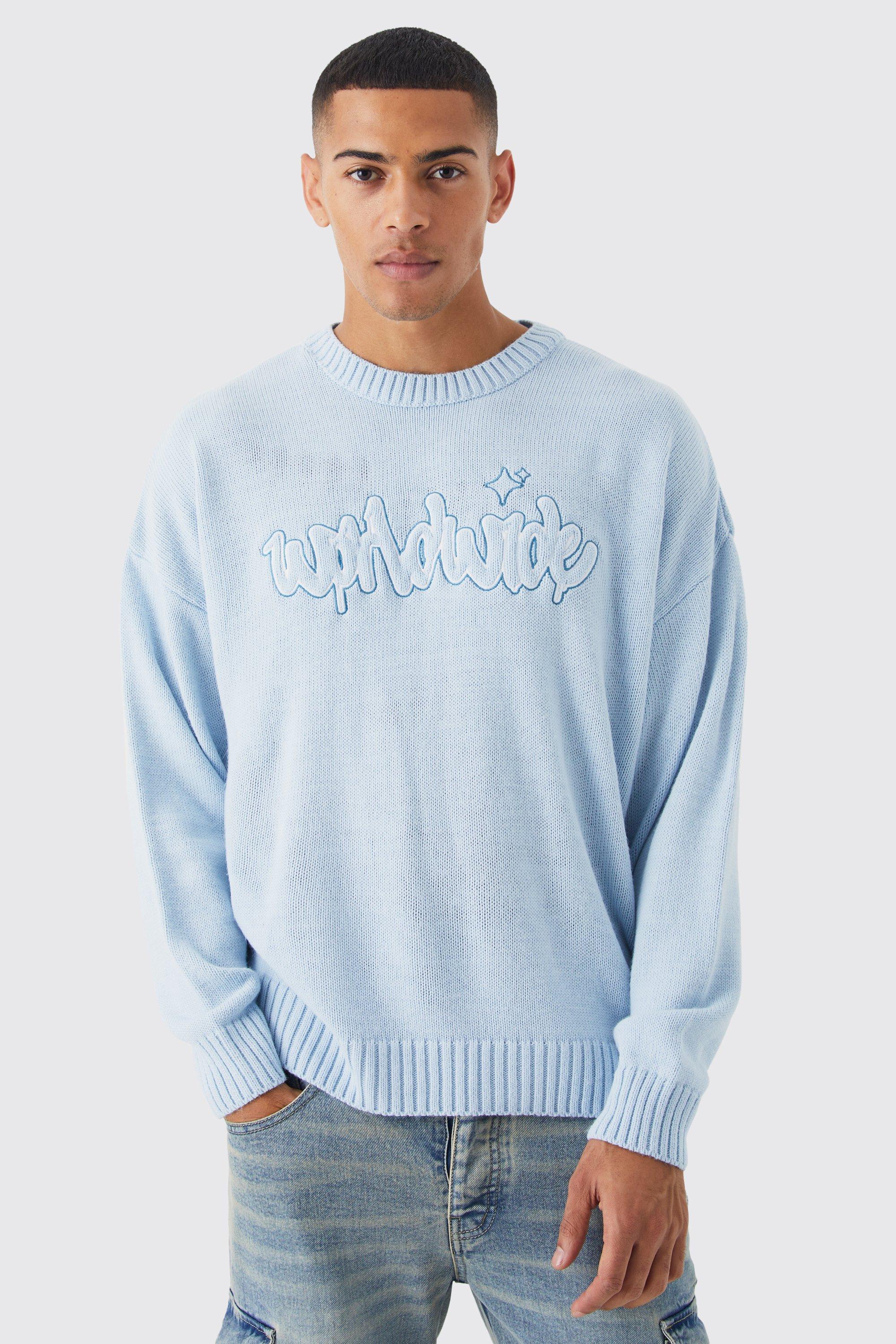 Mens Blue Oversized Boxy Worldwide Embroidered Knit Jumper, Blue