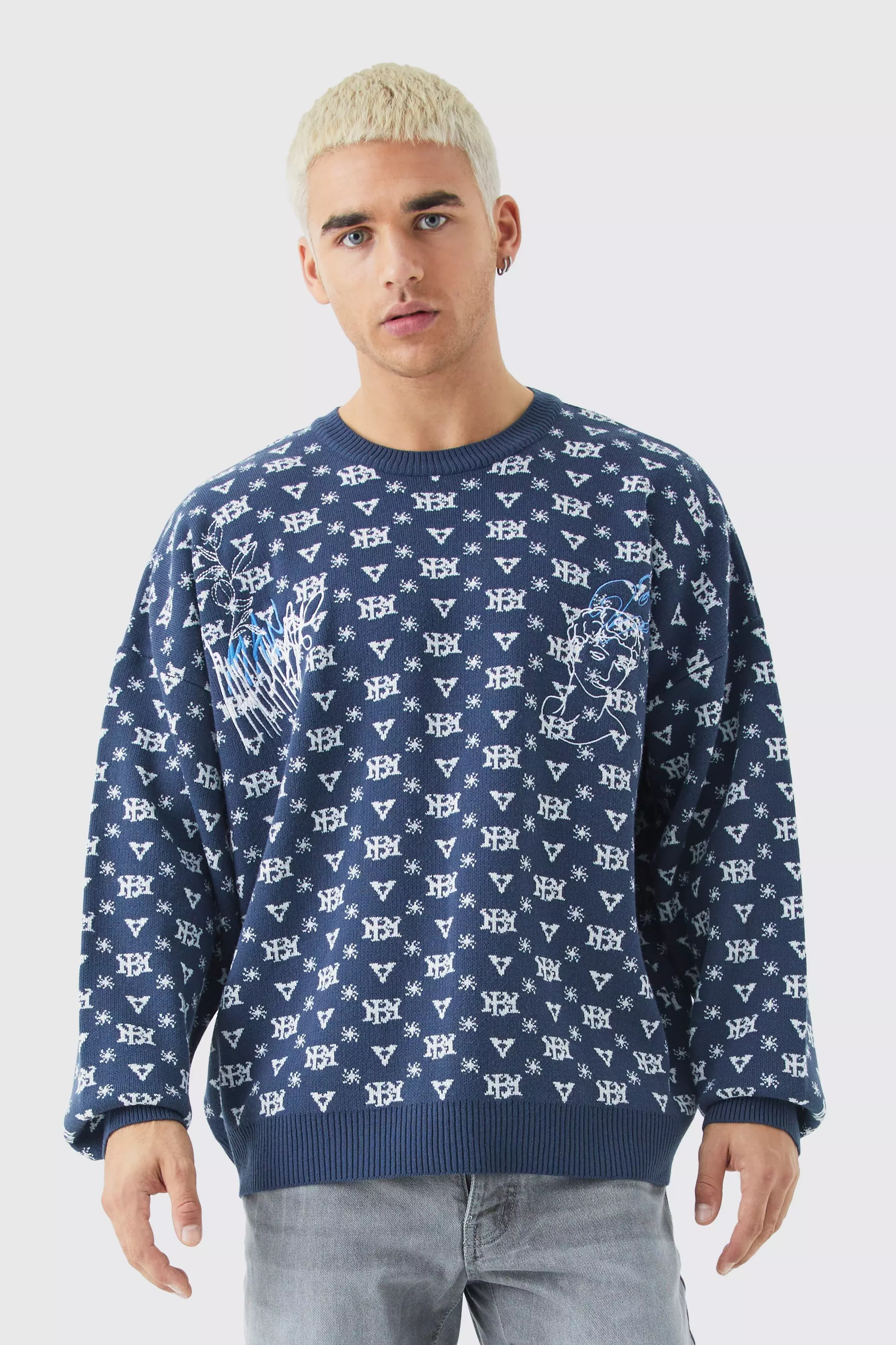 Oversized All Over Print Knit Jumper boohooMAN UK