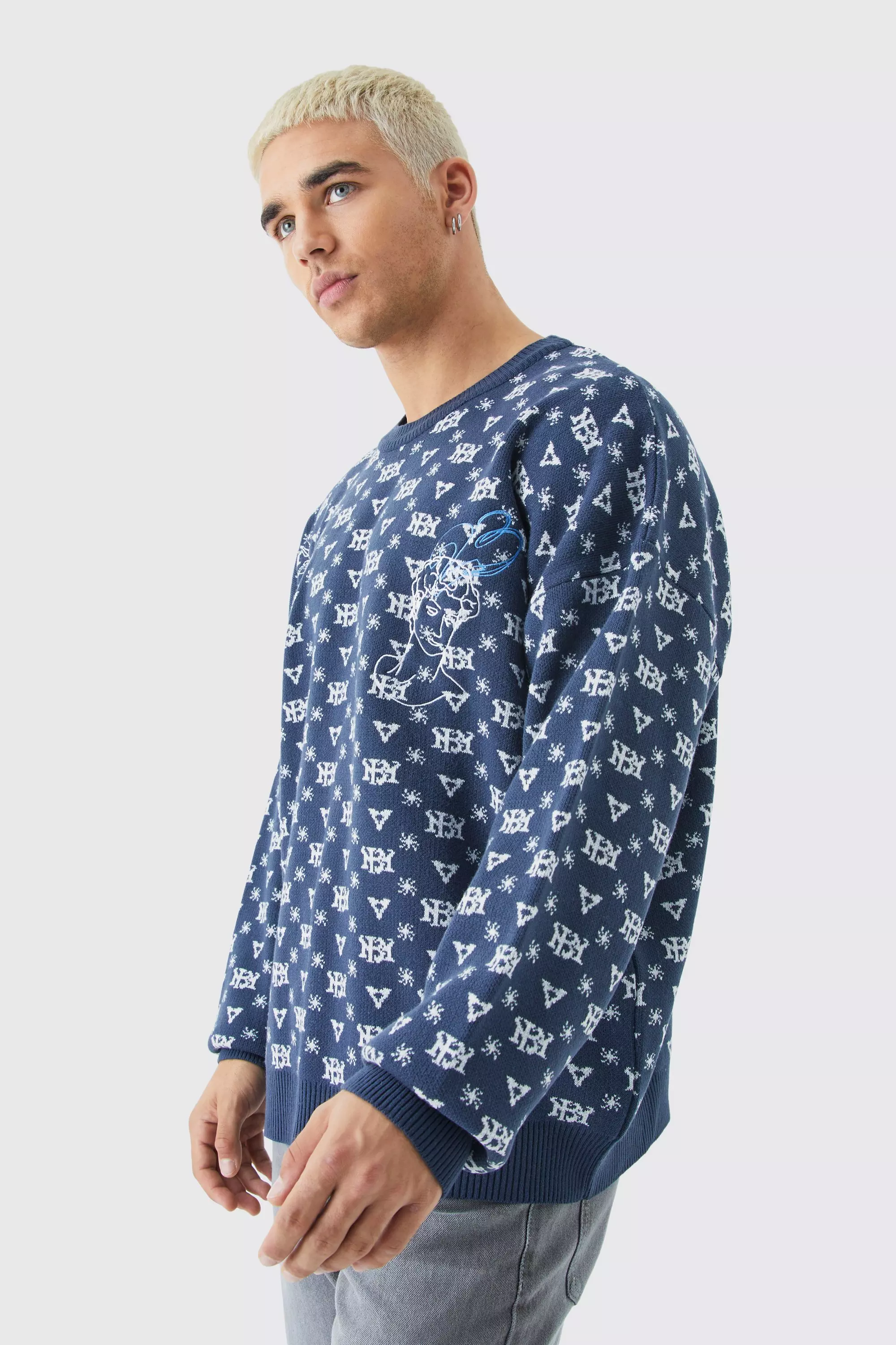 Oversized All Over Print Knit Jumper boohooMAN