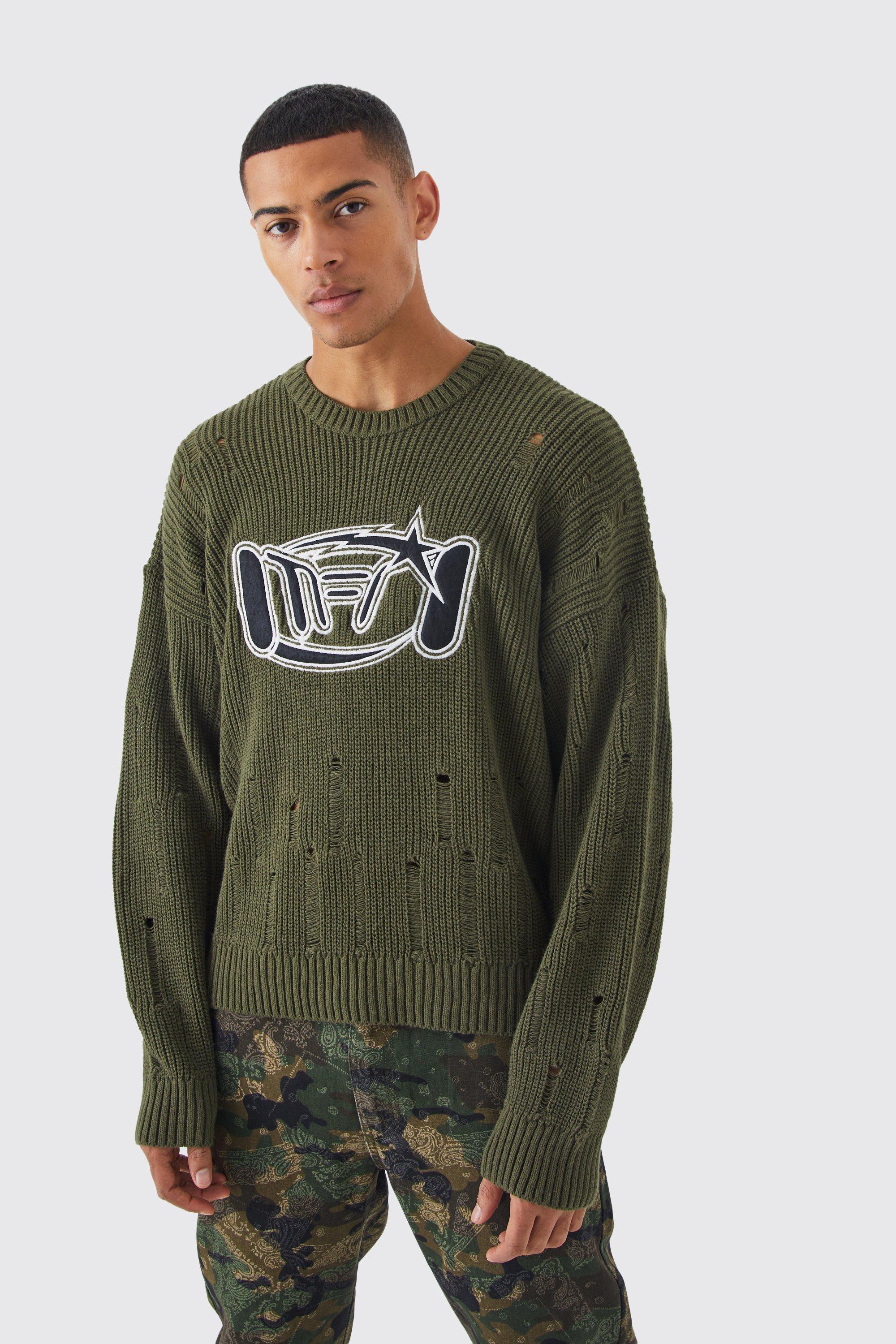 Mens Green Oversized Boxy Laddered Applique Knit Jumper, Green