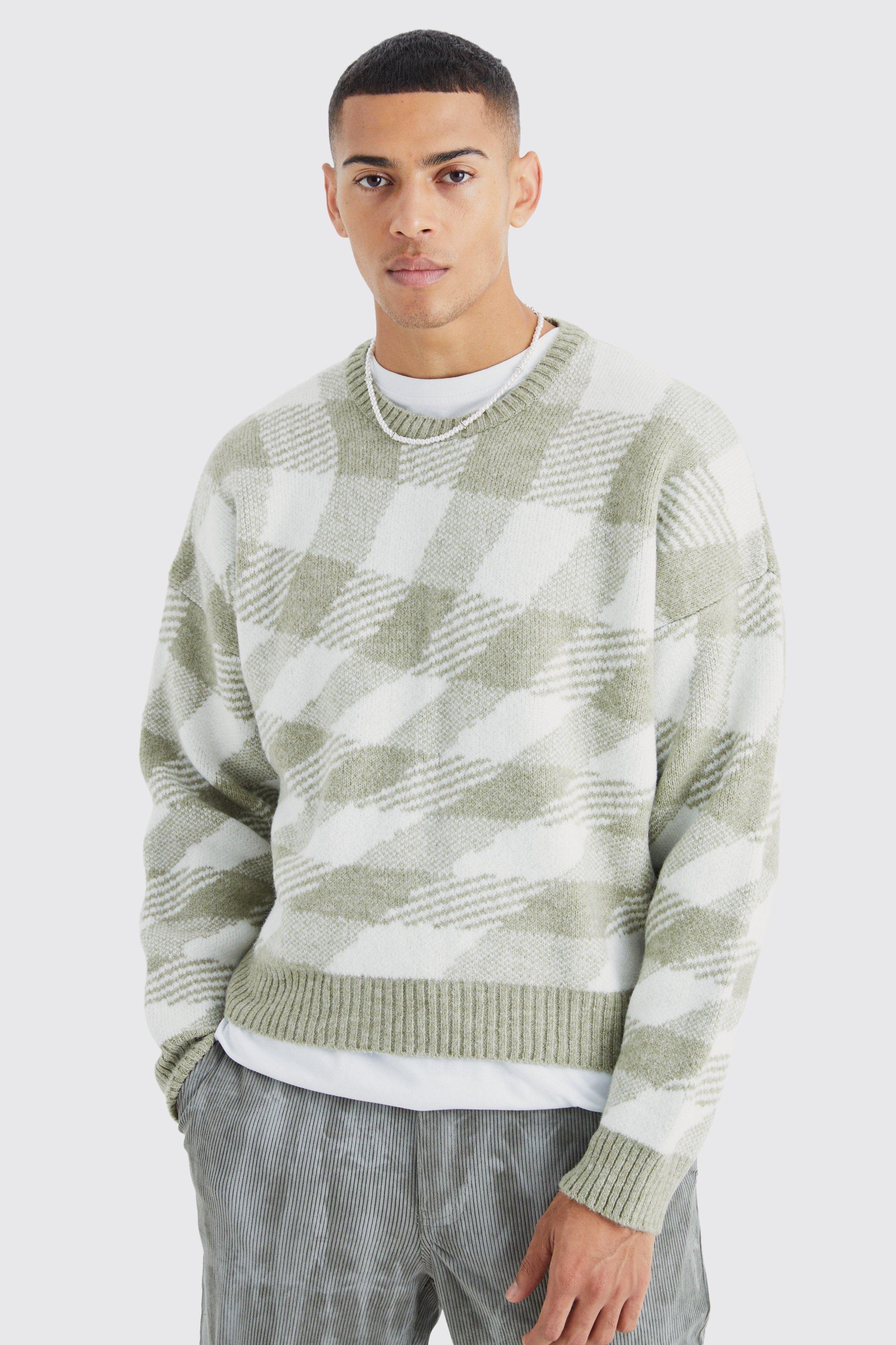 Mens Green Oversized Boxy Brushed Checked Knit Jumper, Green