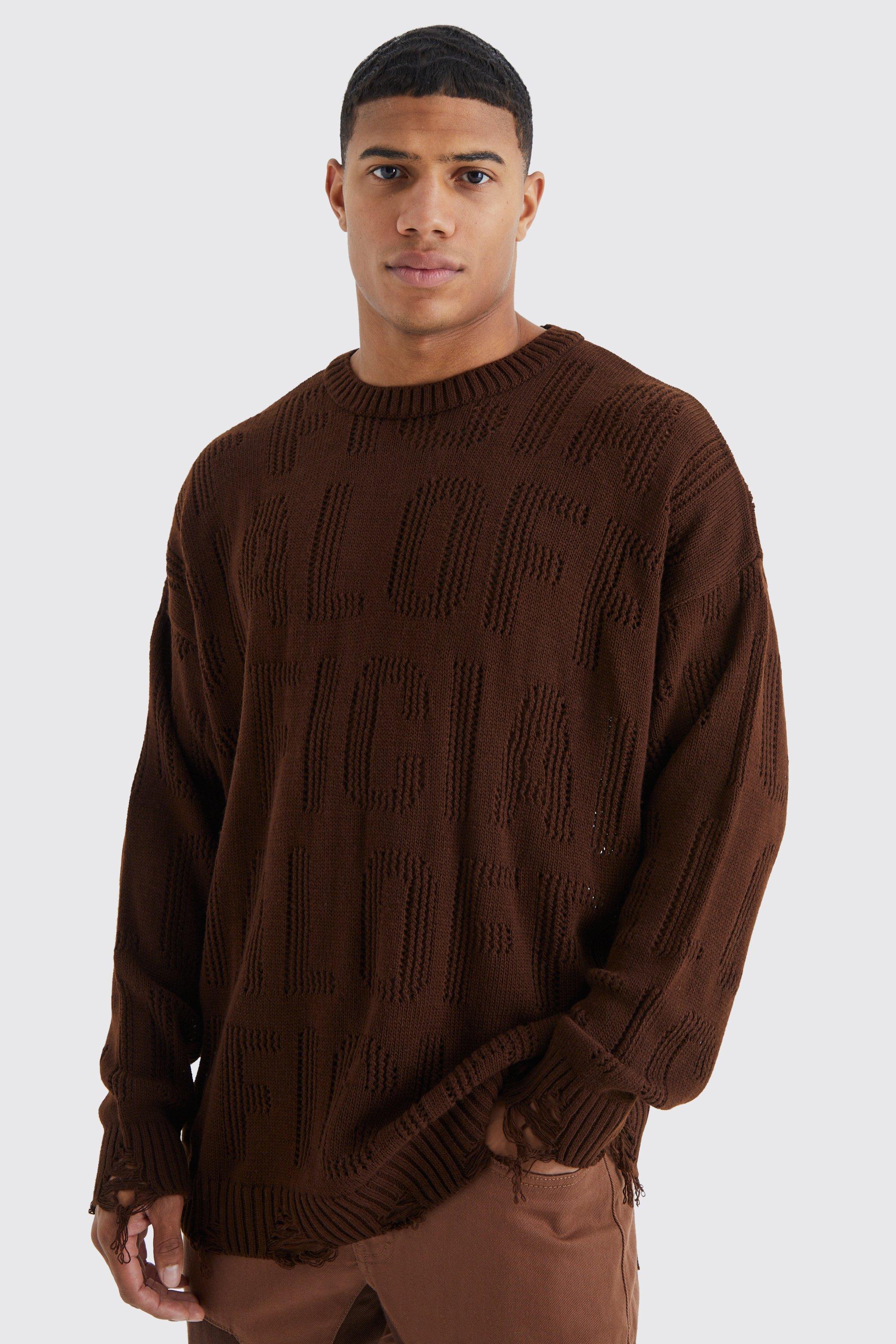 Mens Brown Oversized Official Open Knit Distressed Jumper, Brown