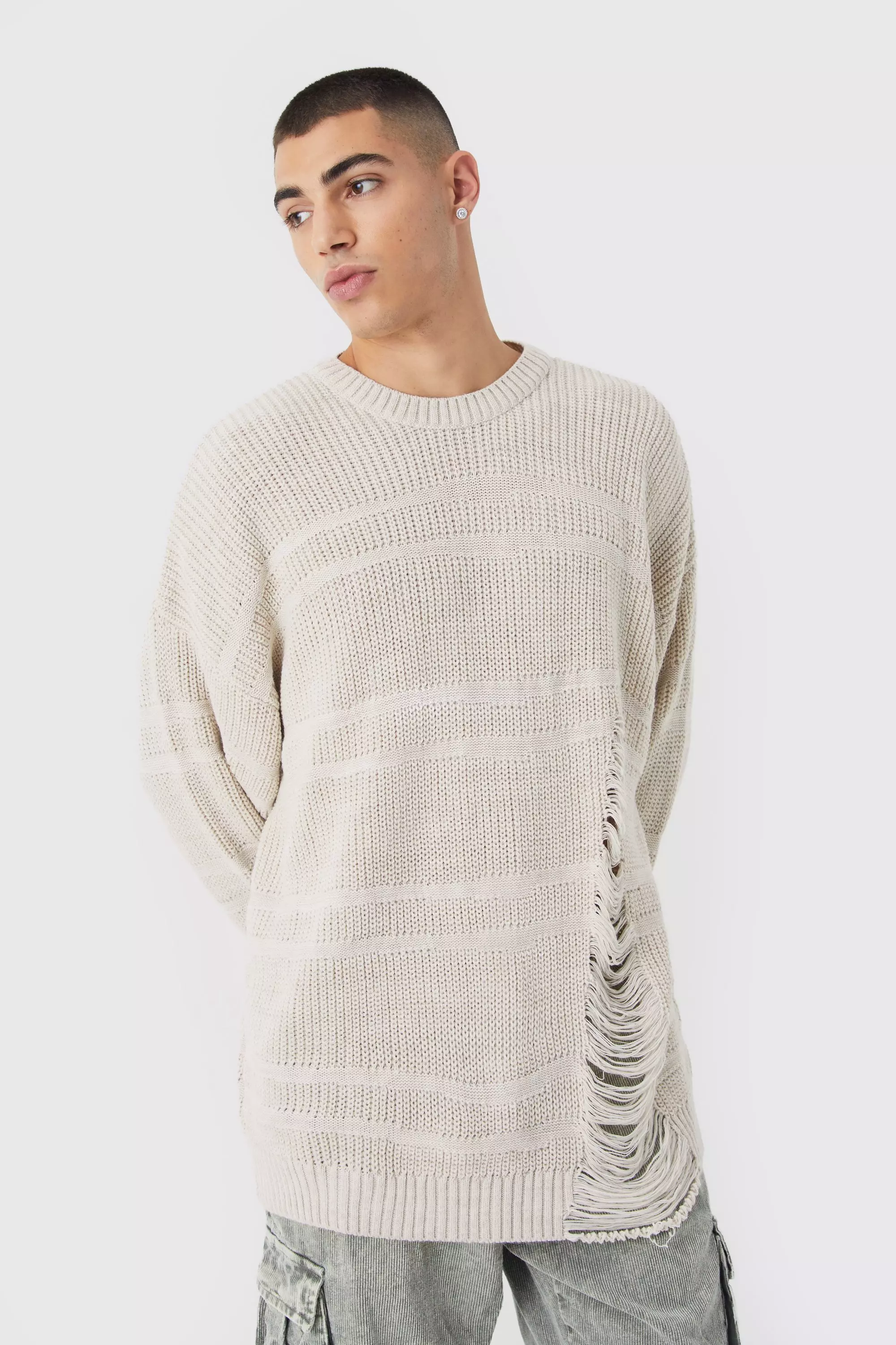 Oversized Distressed 2 Tone Knit Sweater