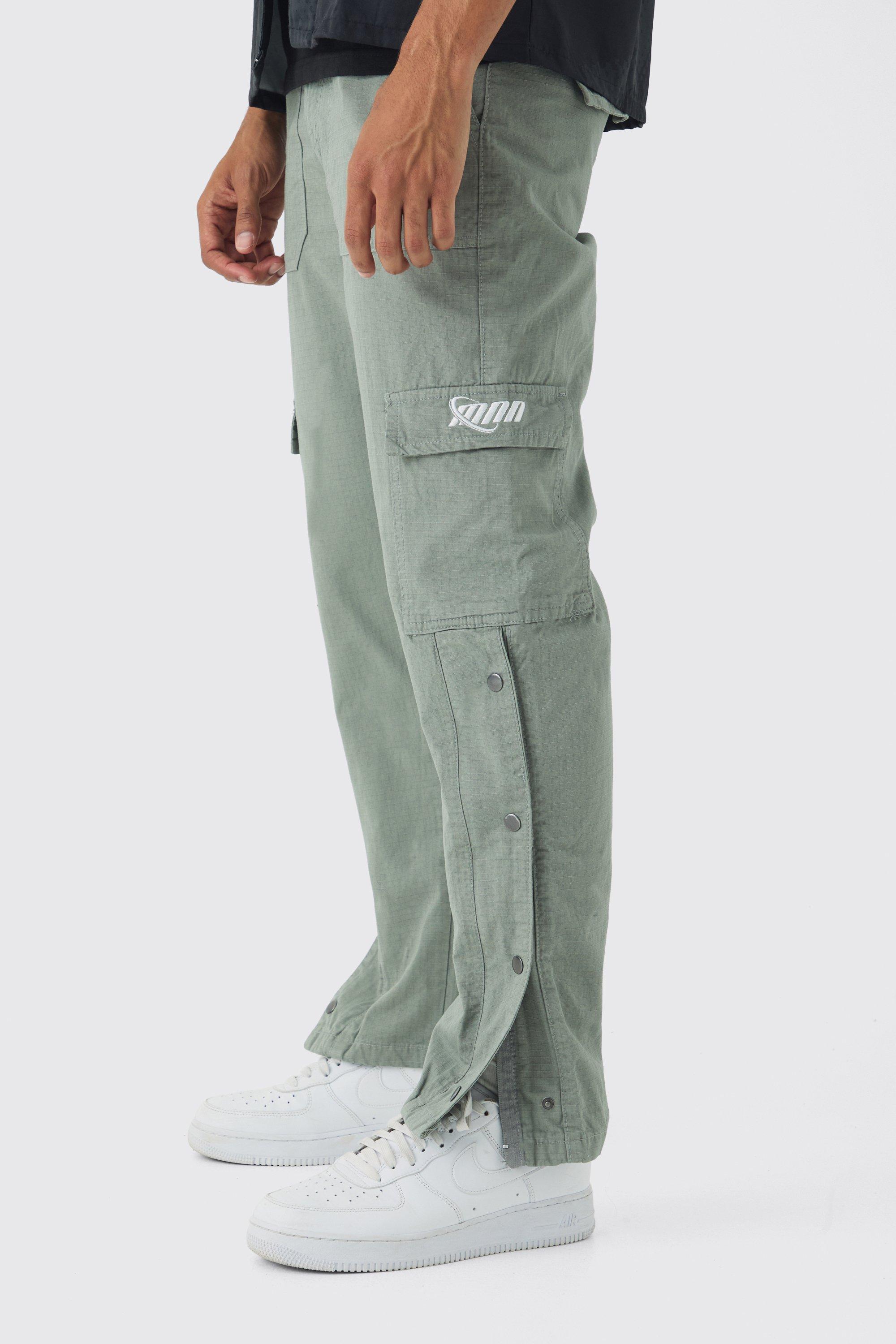 Mens Grey Straight Leg Cargo Popper Hem Ripstop Branded Trouser, Grey