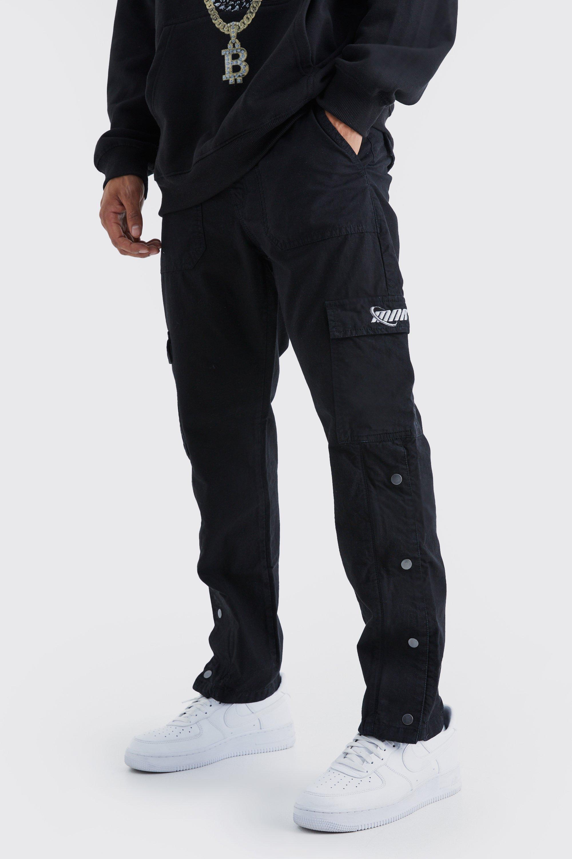 Image of Pantaloni dritti stile Cargo in nylon ripstop con bottoni a pressione sul fondo, Nero