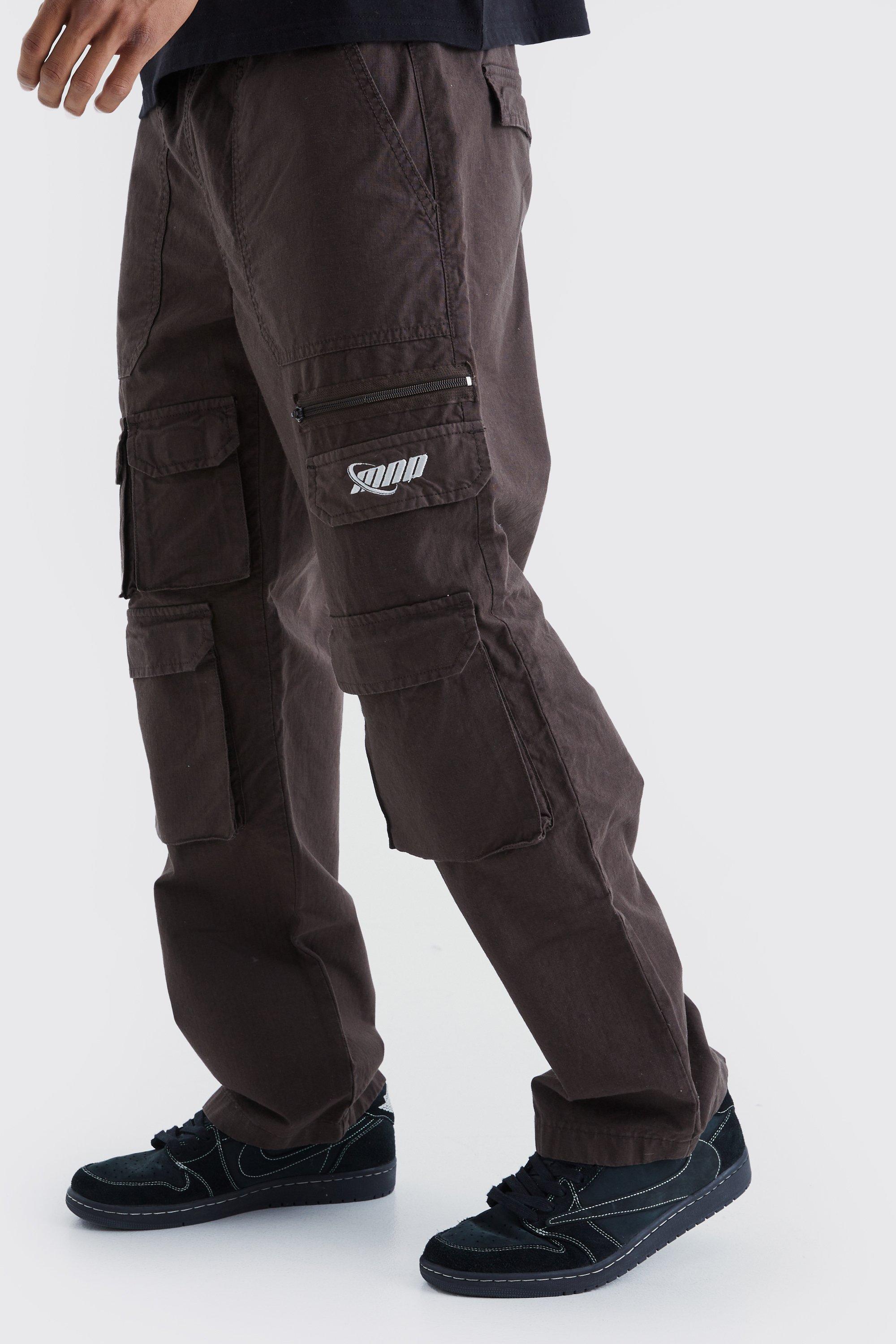 Image of Pantaloni Cargo rilassati in nylon ripstop con ricami tono su tono, Brown